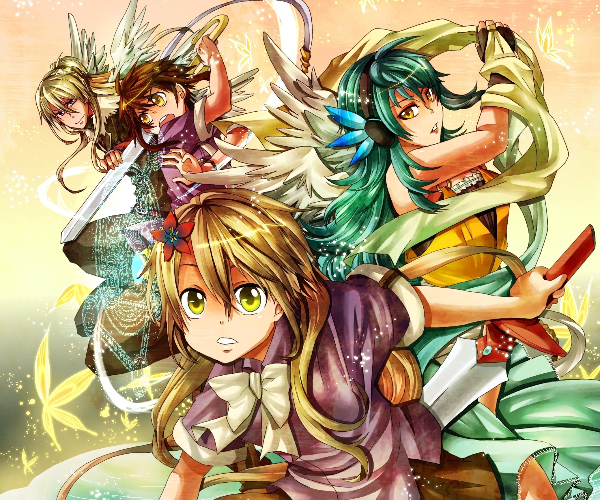 Four anime warriors with wings and swords HD Wallpaper