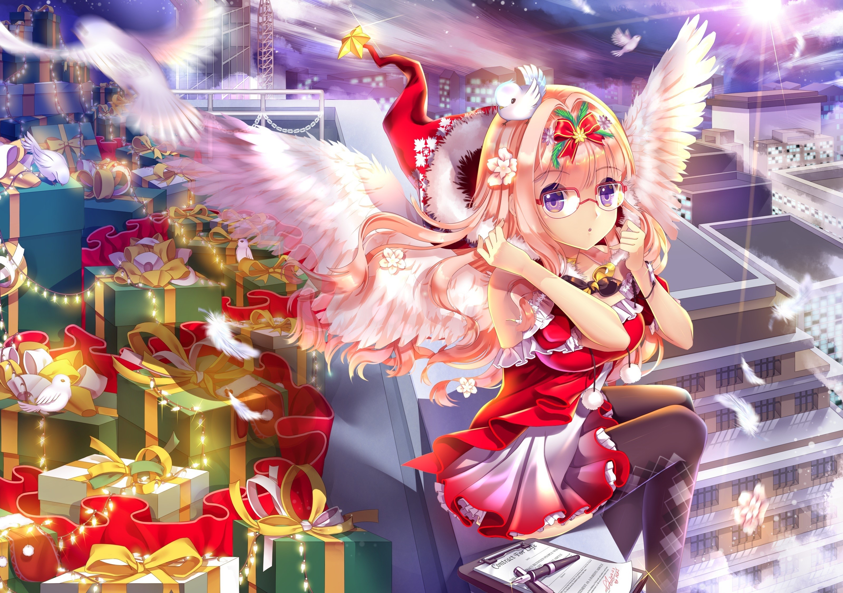 Angel with Gifts and Doves on Rooftop HD Wallpaper