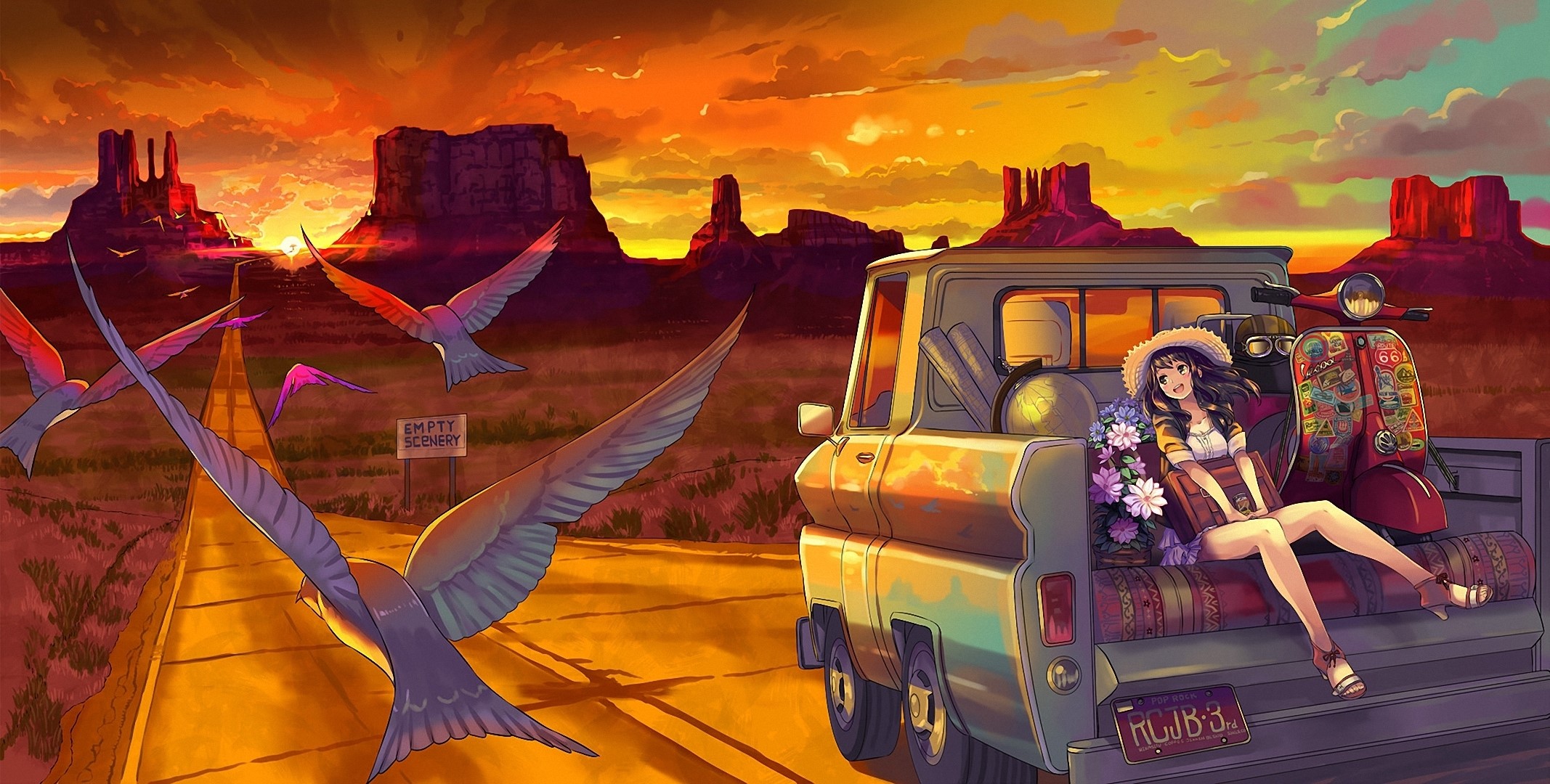 Anime girl with scooter and truck in desert landscape HD Wallpaper