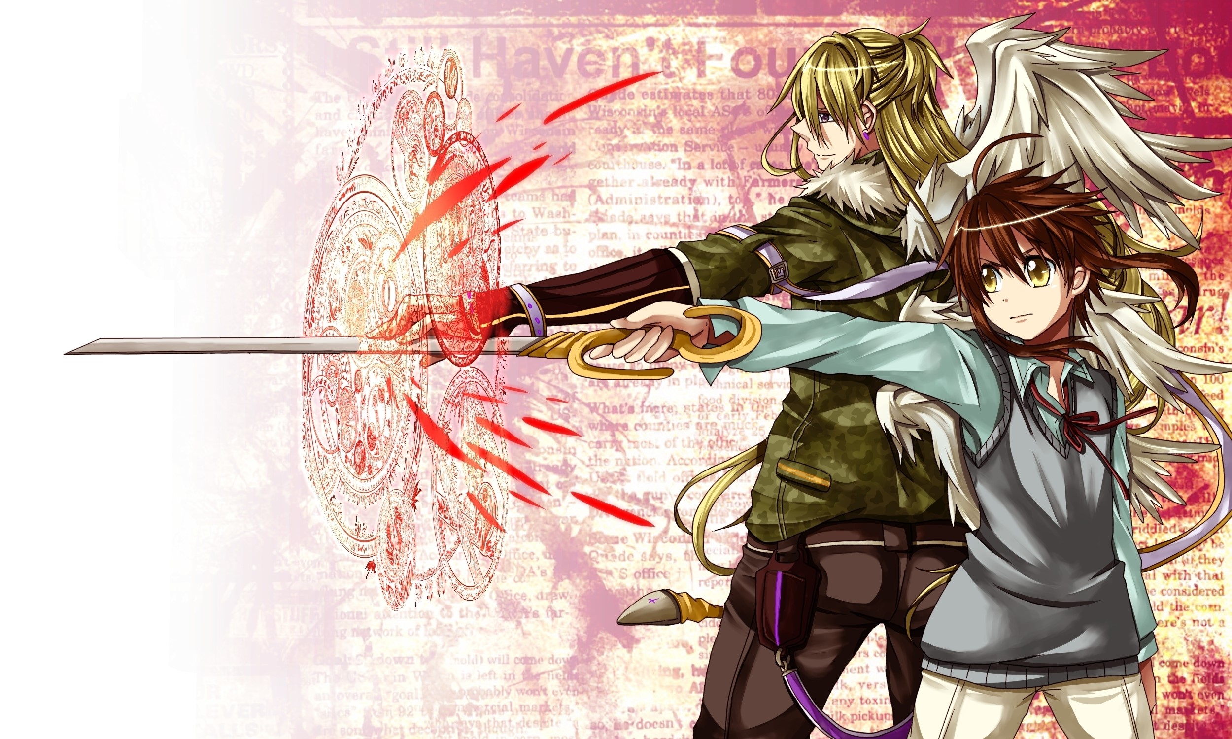 Anime characters with swords and wings HD Wallpaper