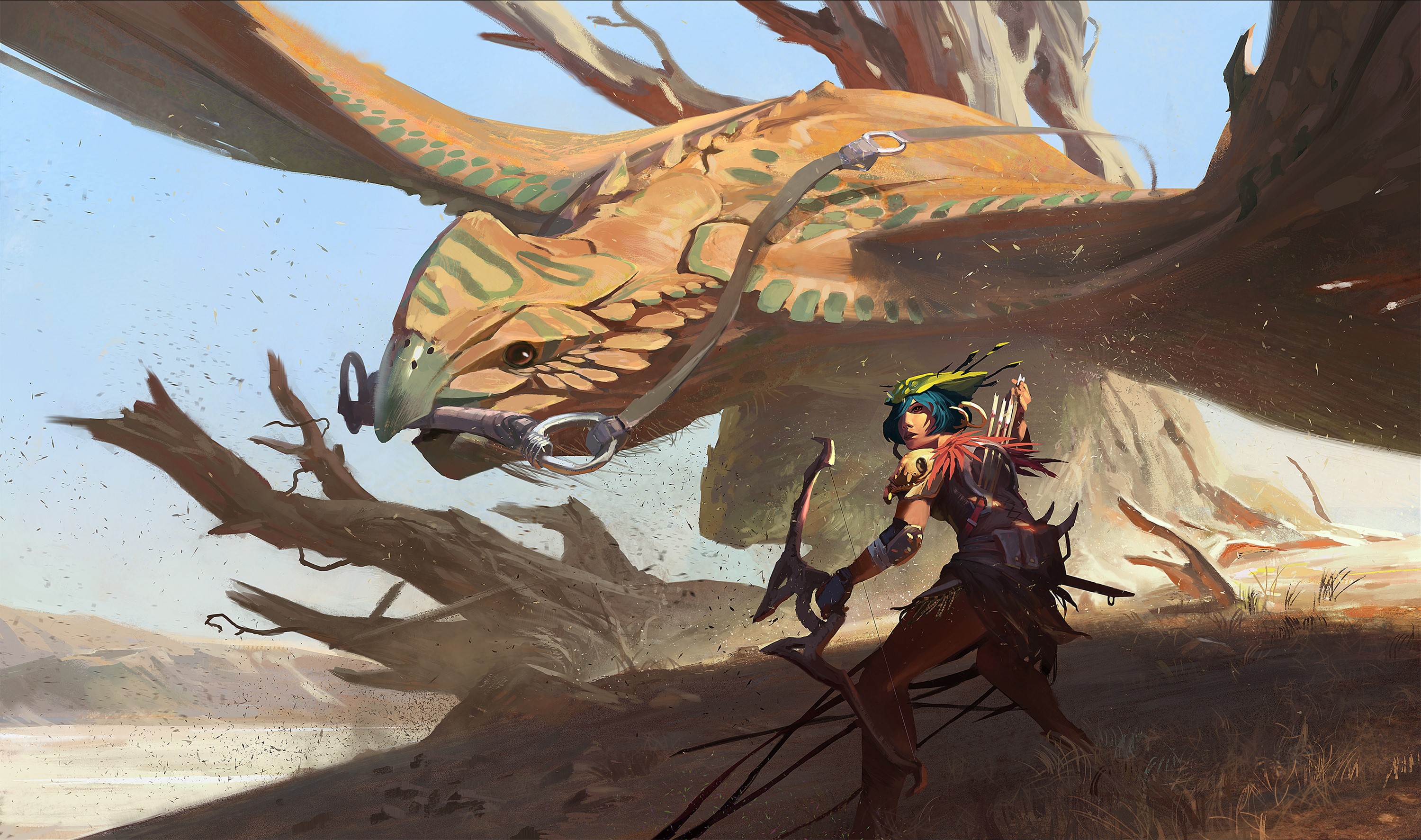 Archer with Dragon in a Dry Landscape HD Wallpaper