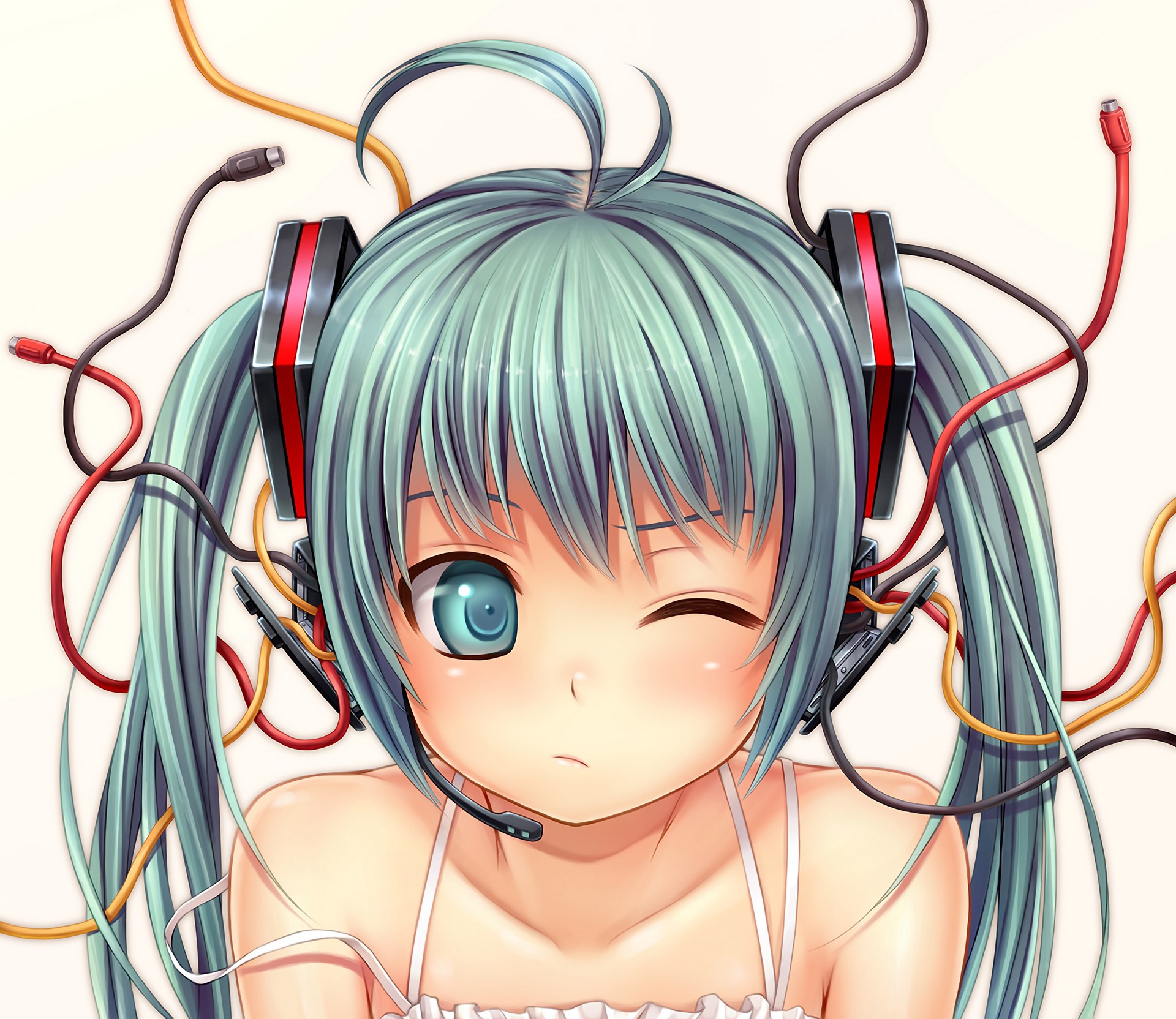 Hatsune Miku from Vocaloid with headphones and wires HD Wallpaper