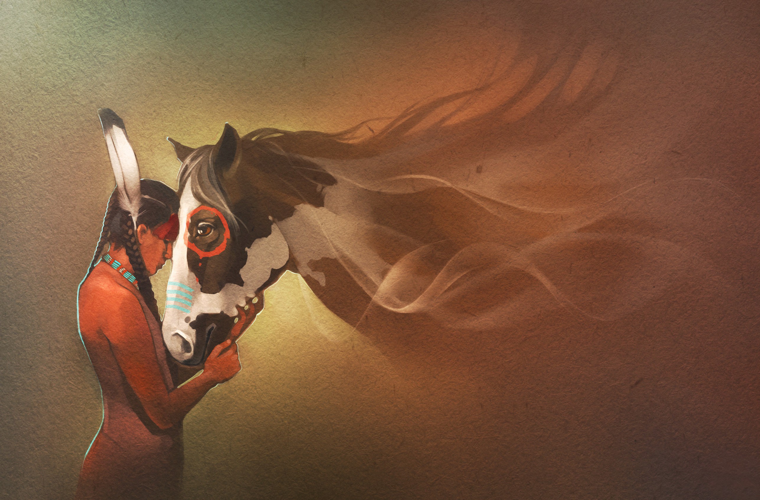 Native American woman and horse with smoke mane HD Wallpaper