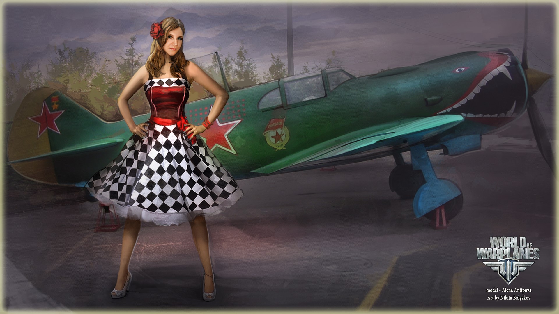 Woman in checkered dress with World of Warplanes aircraft HD Wallpaper