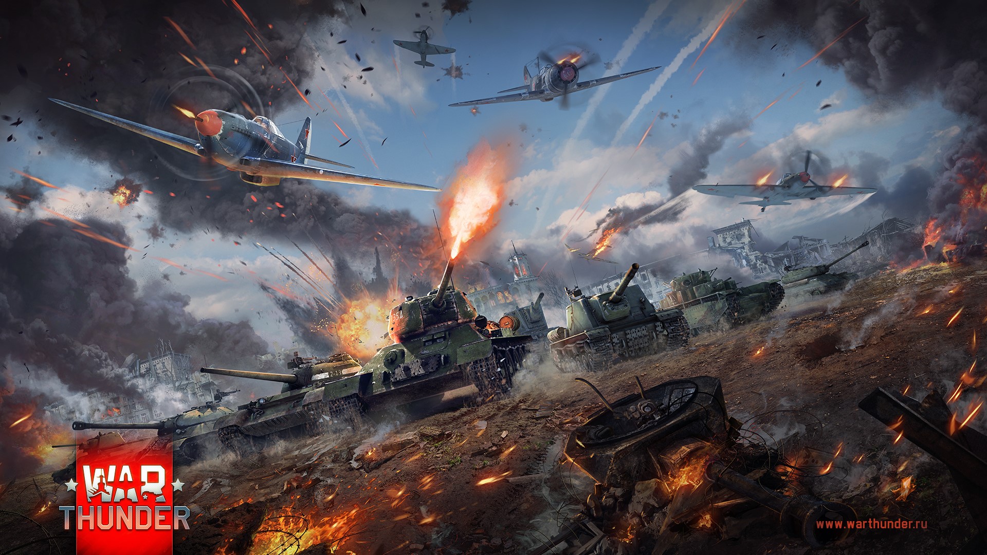 War Thunder battle with tanks and airplanes HD Wallpaper