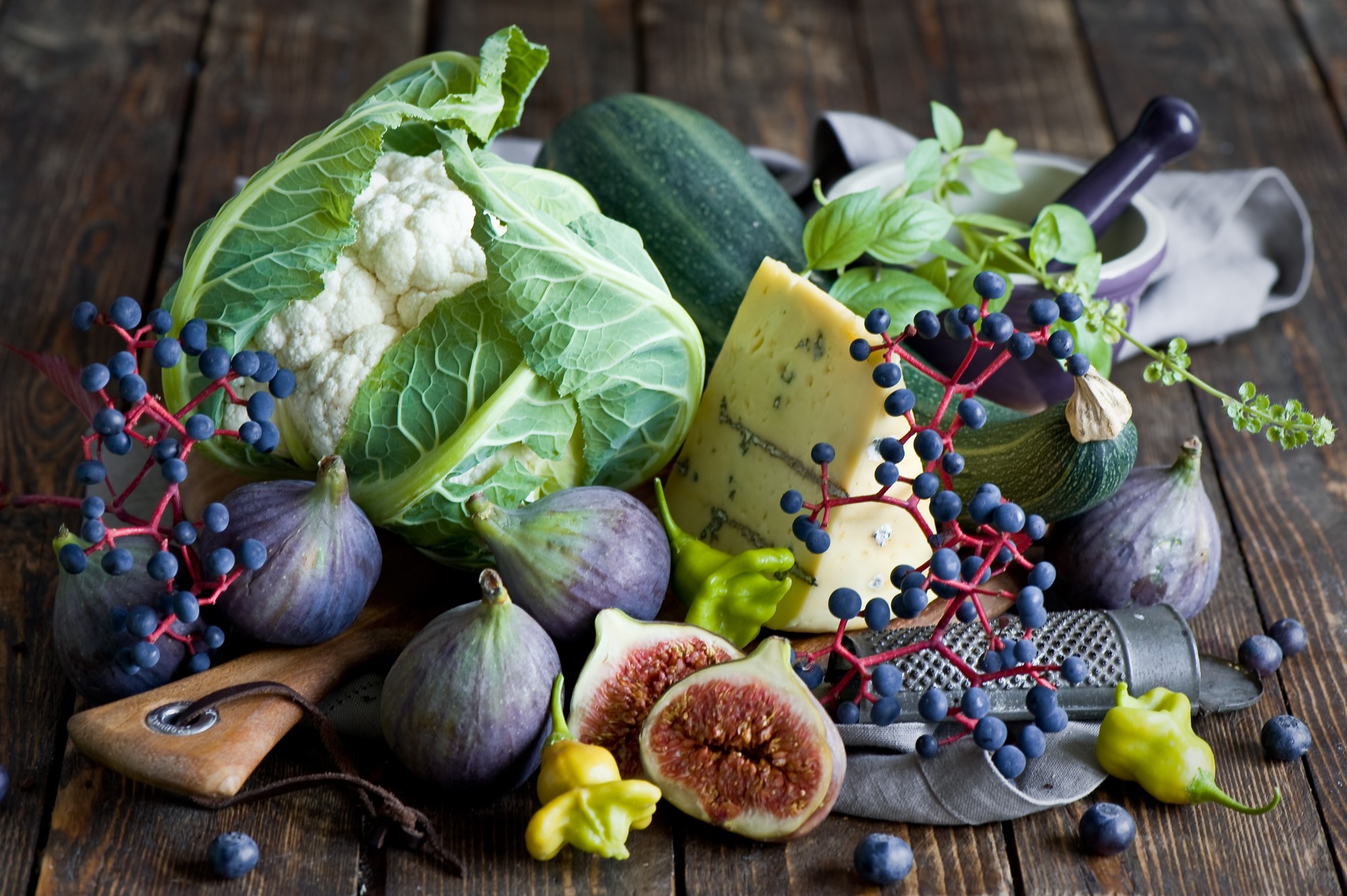 Still life with cauliflower, figs, cheese, and berries HD Wallpaper