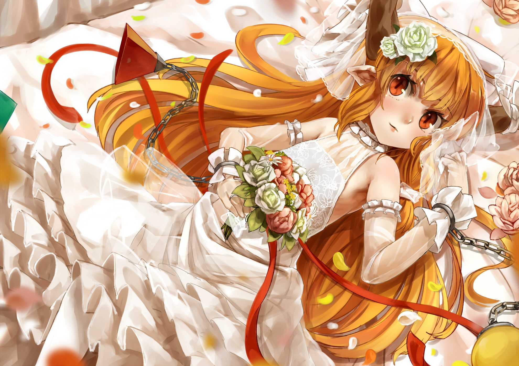 Ibuki Suika from Touhou Collection in a wedding dress with chains HD Wallpaper