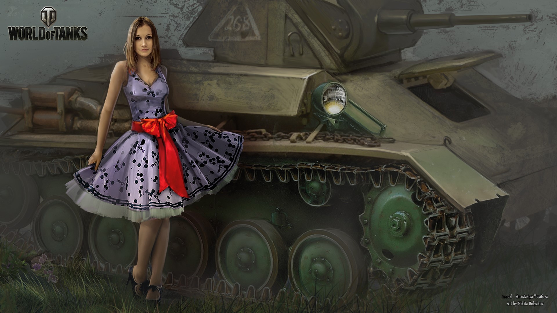 World of Tanks model Anastasia Yudina with tank HD Wallpaper