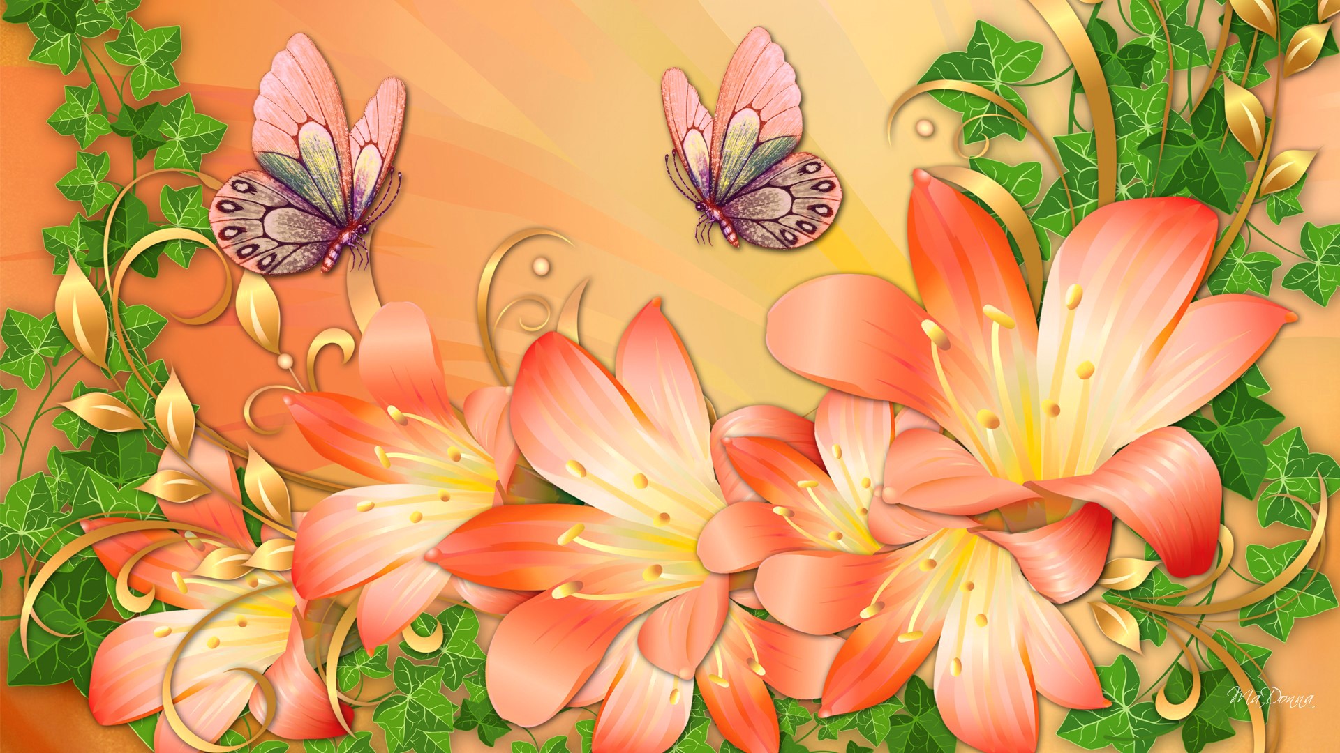 Orange lilies and butterflies with ivy and gold accents HD Wallpaper