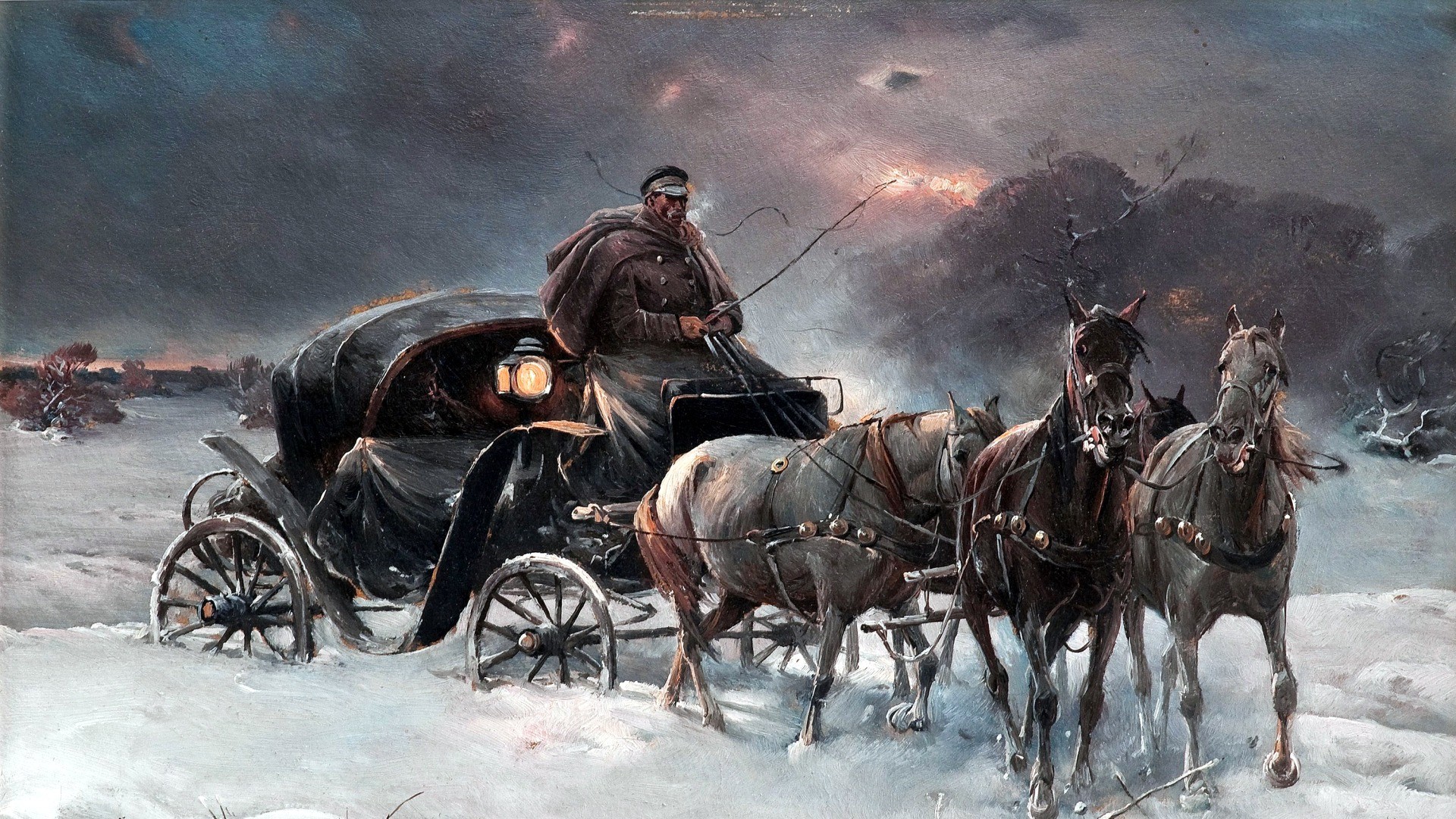 Man driving horse-drawn carriage in snow HD Wallpaper