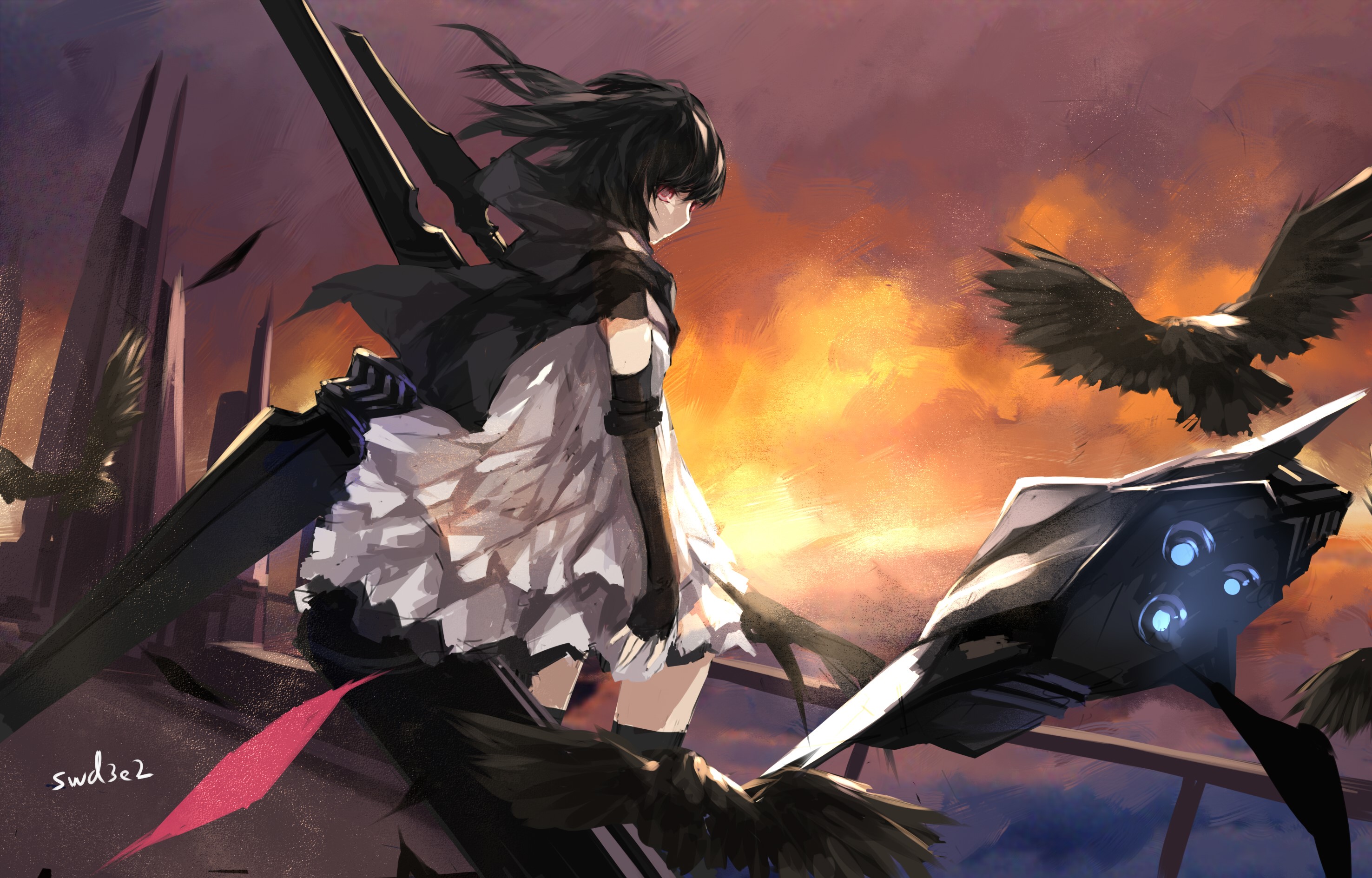 Girl with large sword and mechanical bird HD Wallpaper
