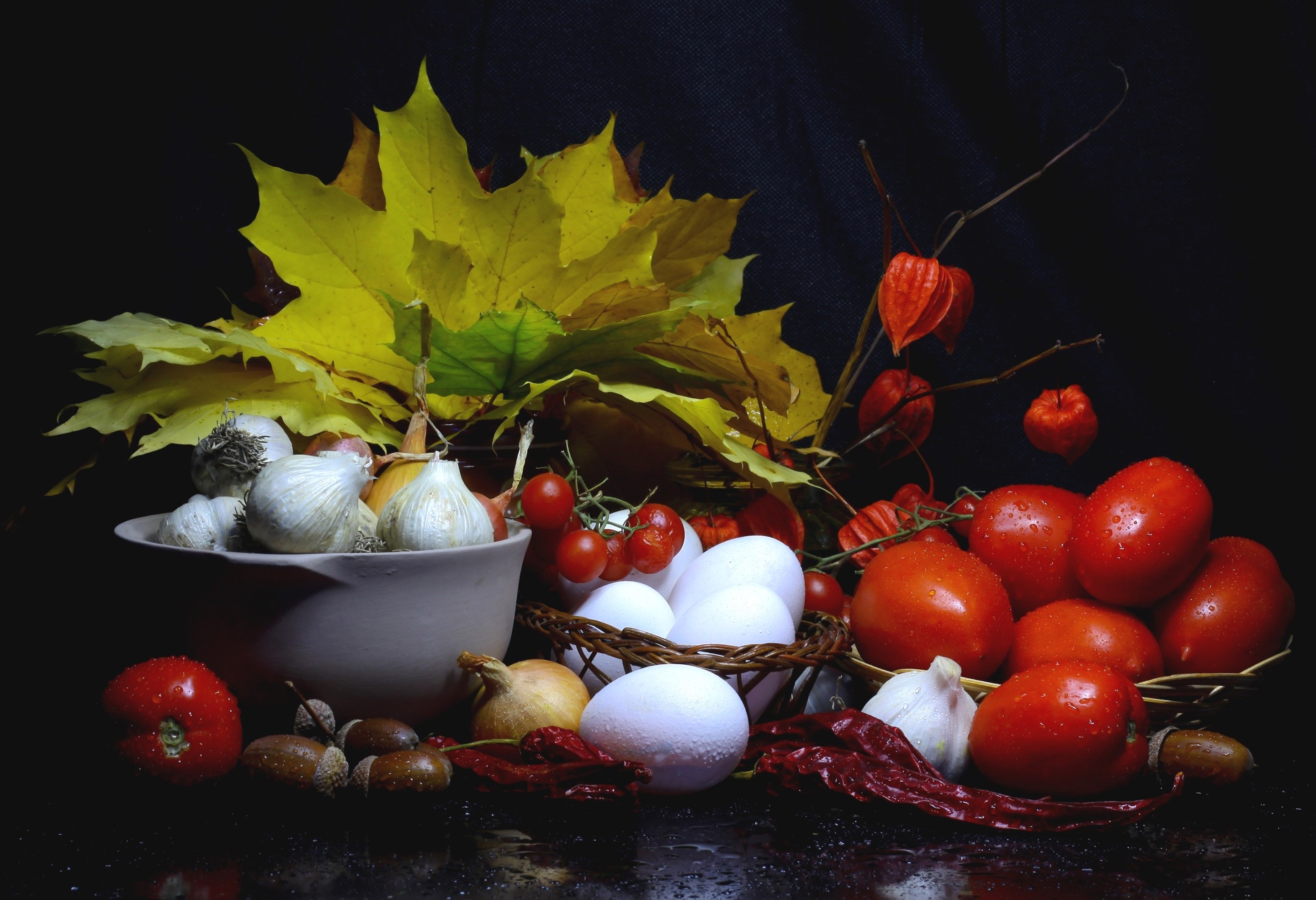 Still-life with tomatoes, garlic, eggs, and autumn leaves HD Wallpaper