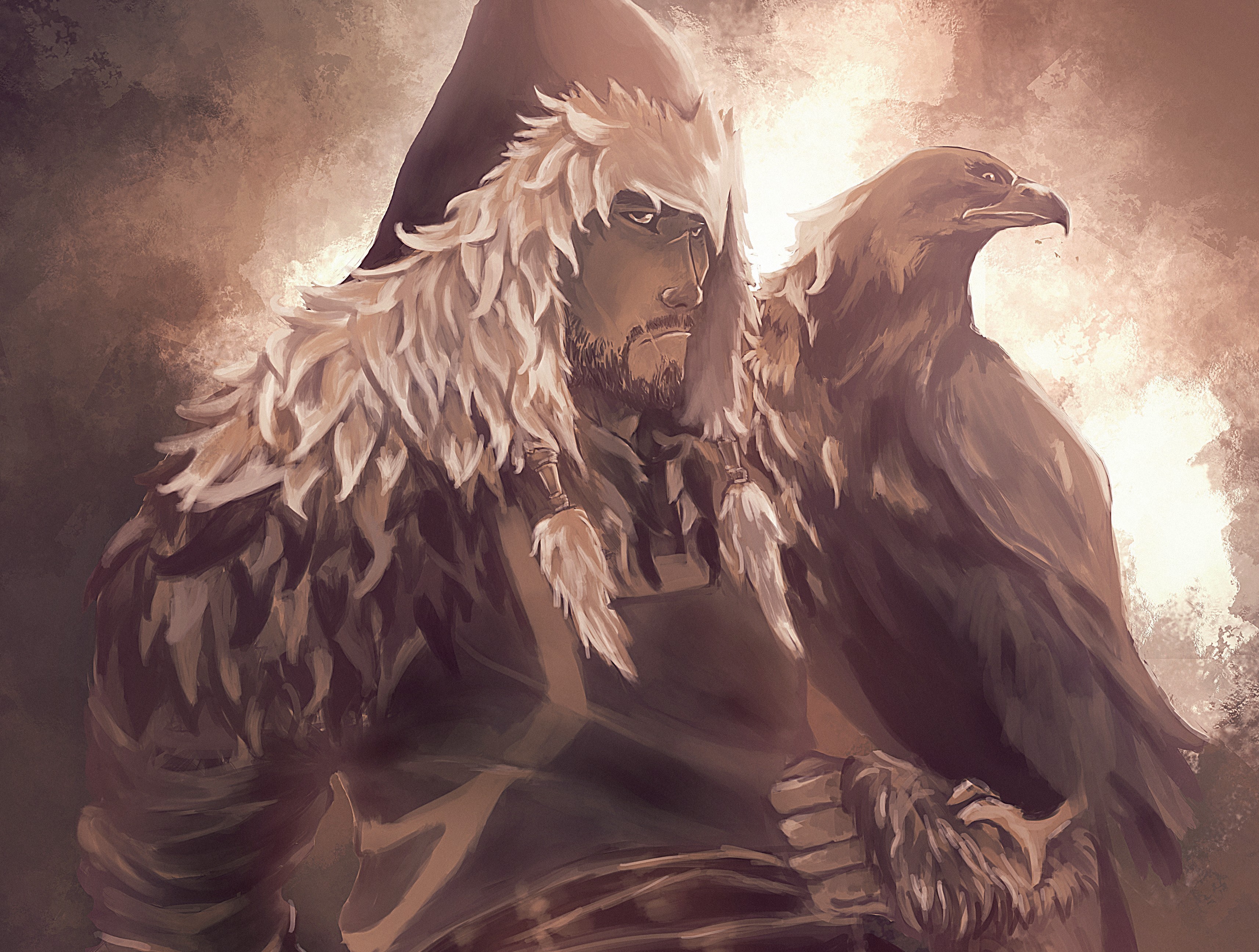 Man with eagle wearing fur hood HD Wallpaper