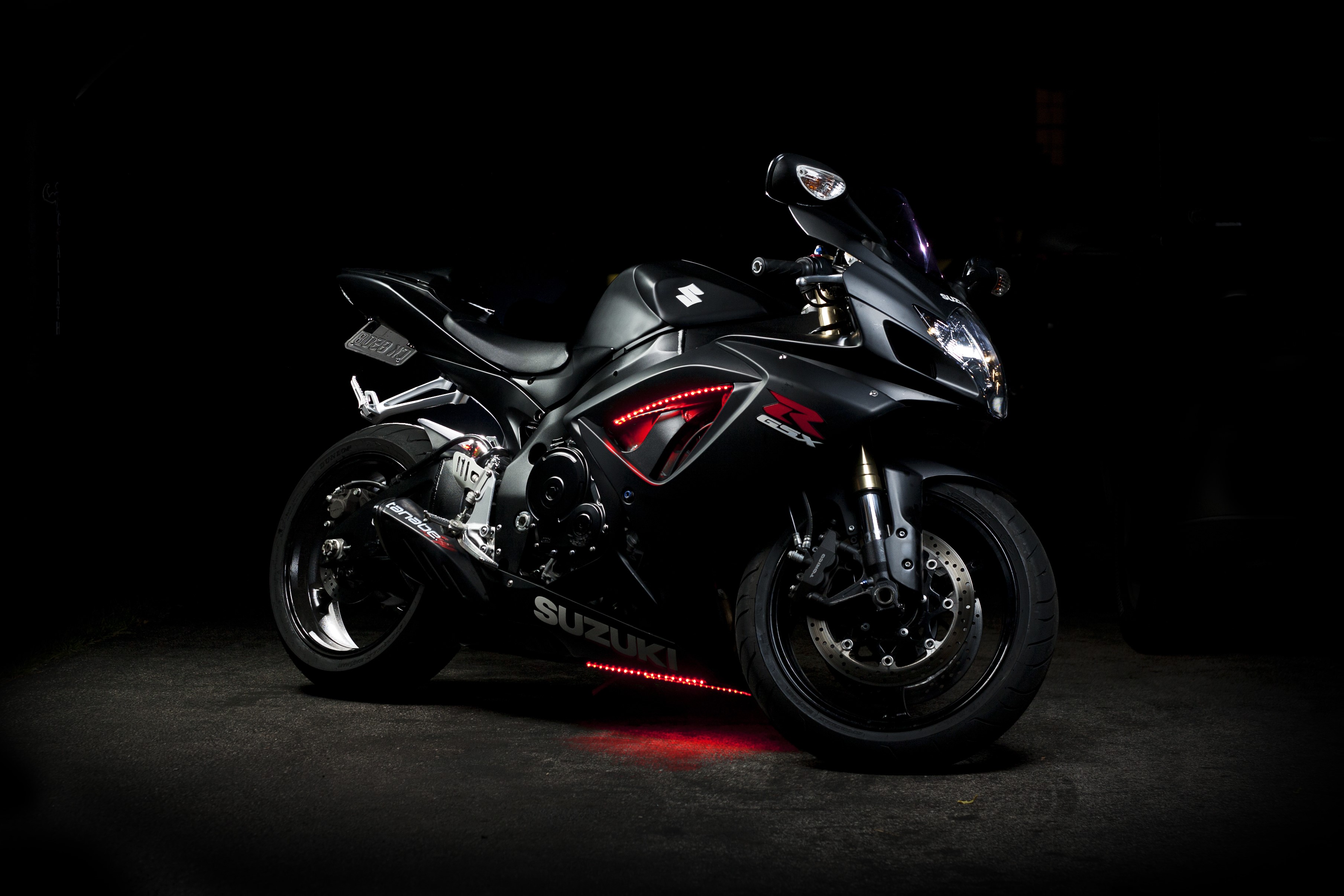 Black Suzuki GSX-R motorcycle with red LED lights HD Wallpaper