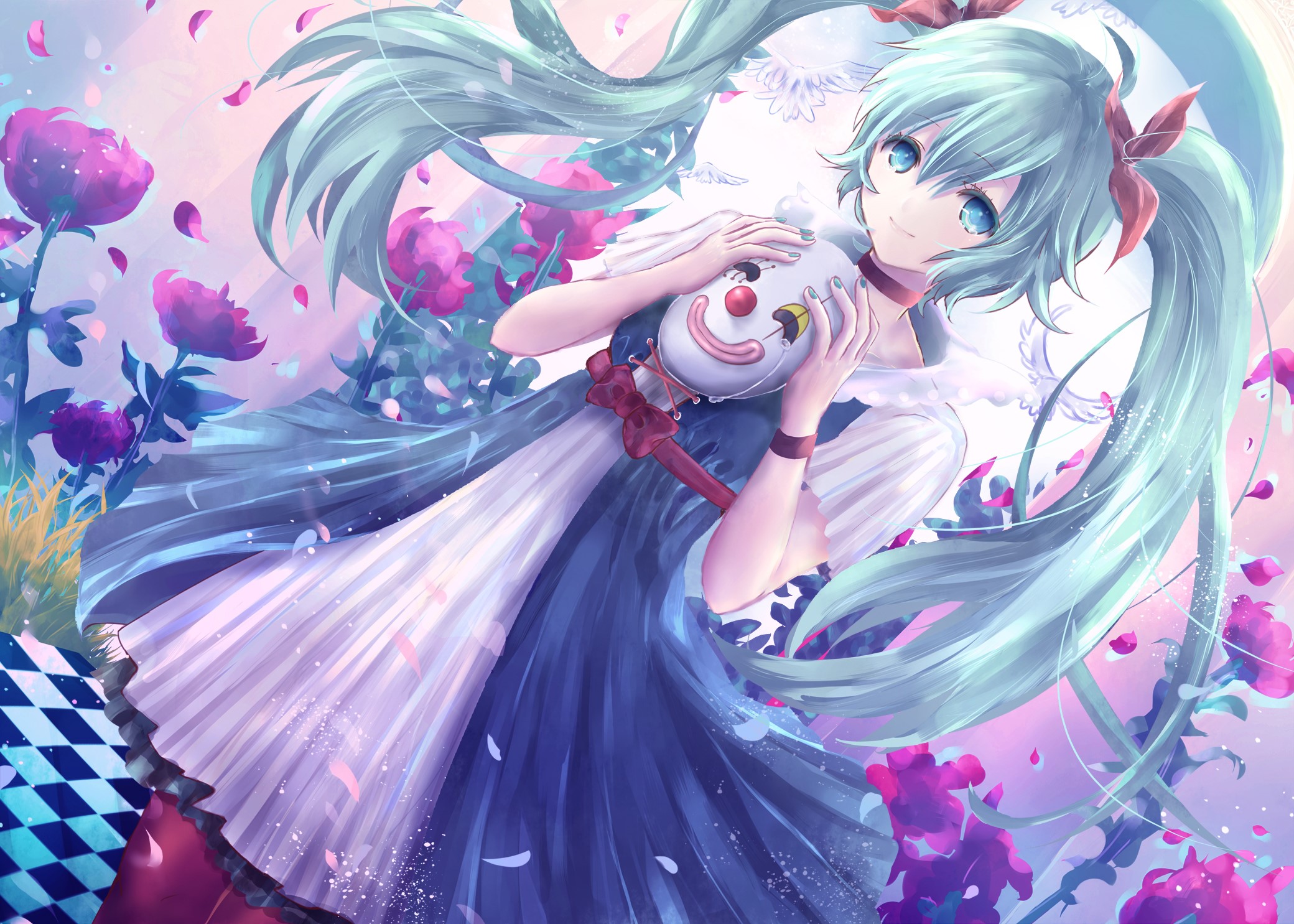 Hatsune Miku from Vocaloid holding a clown mask HD Wallpaper