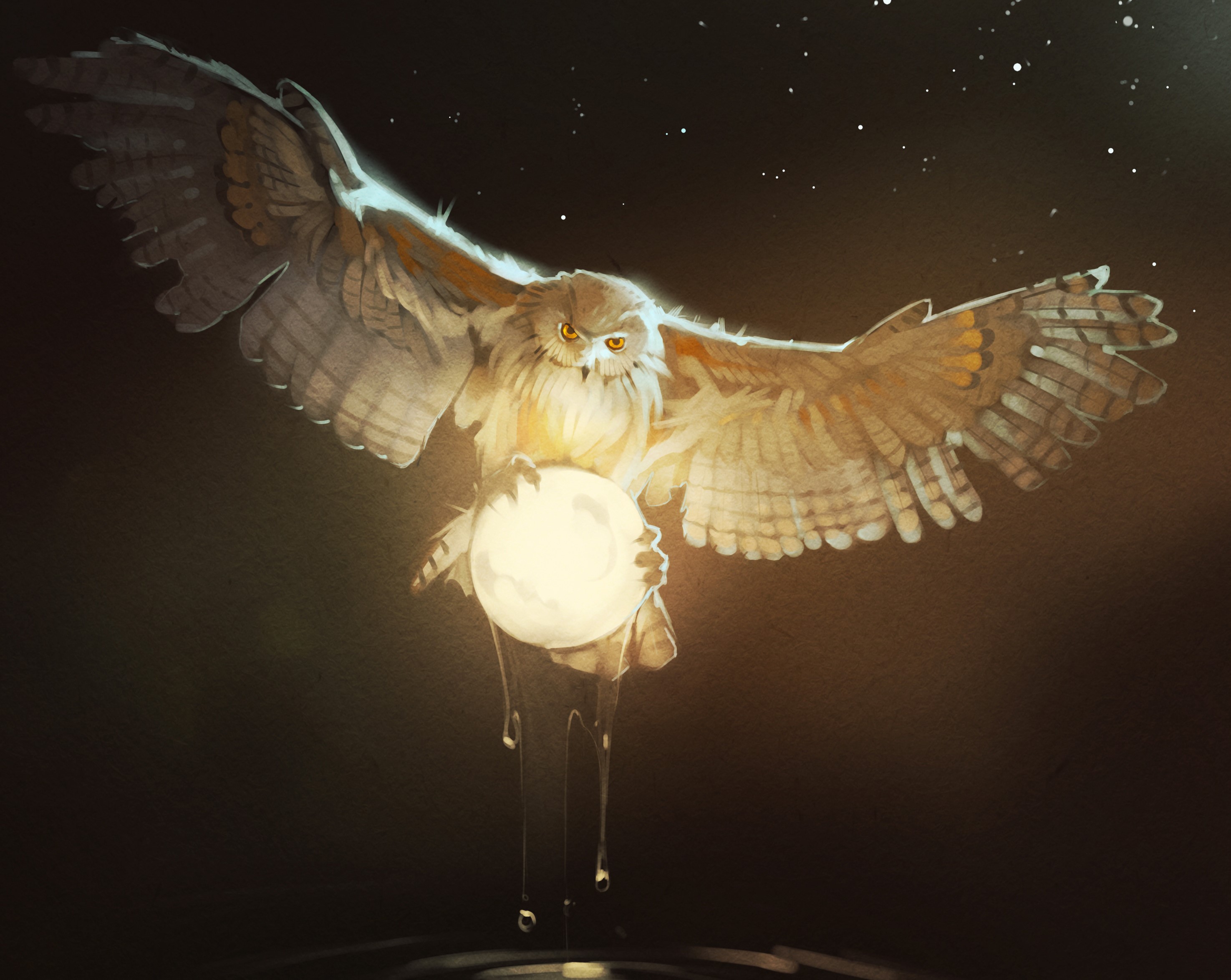 Owl holding a glowing orb with dripping liquid HD Wallpaper