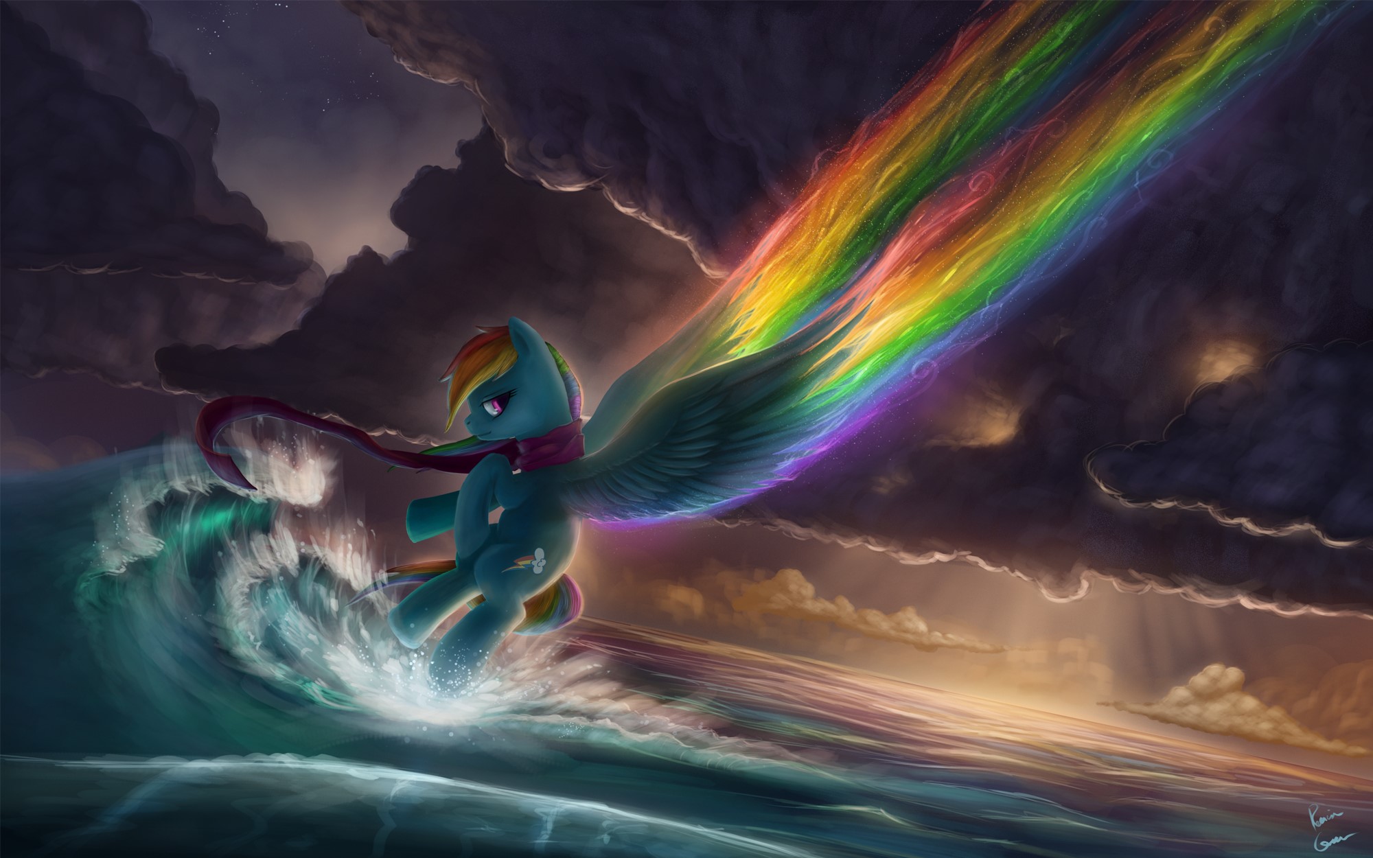 Rainbow Dash from My Little Pony surfing a rainbow wave HD Wallpaper