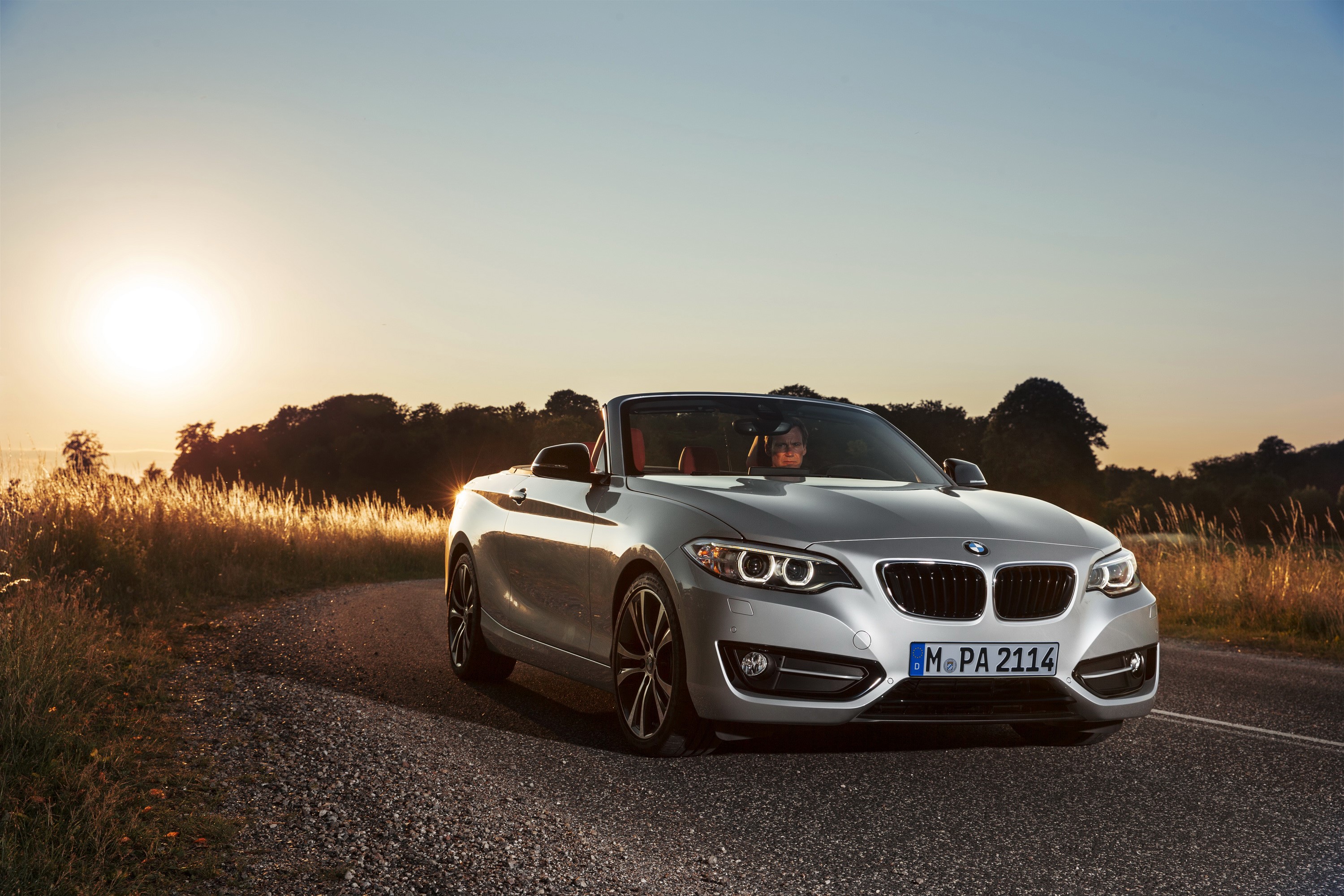 Silver 2014 BMW 228i F23 Convertible on a road HD Wallpaper