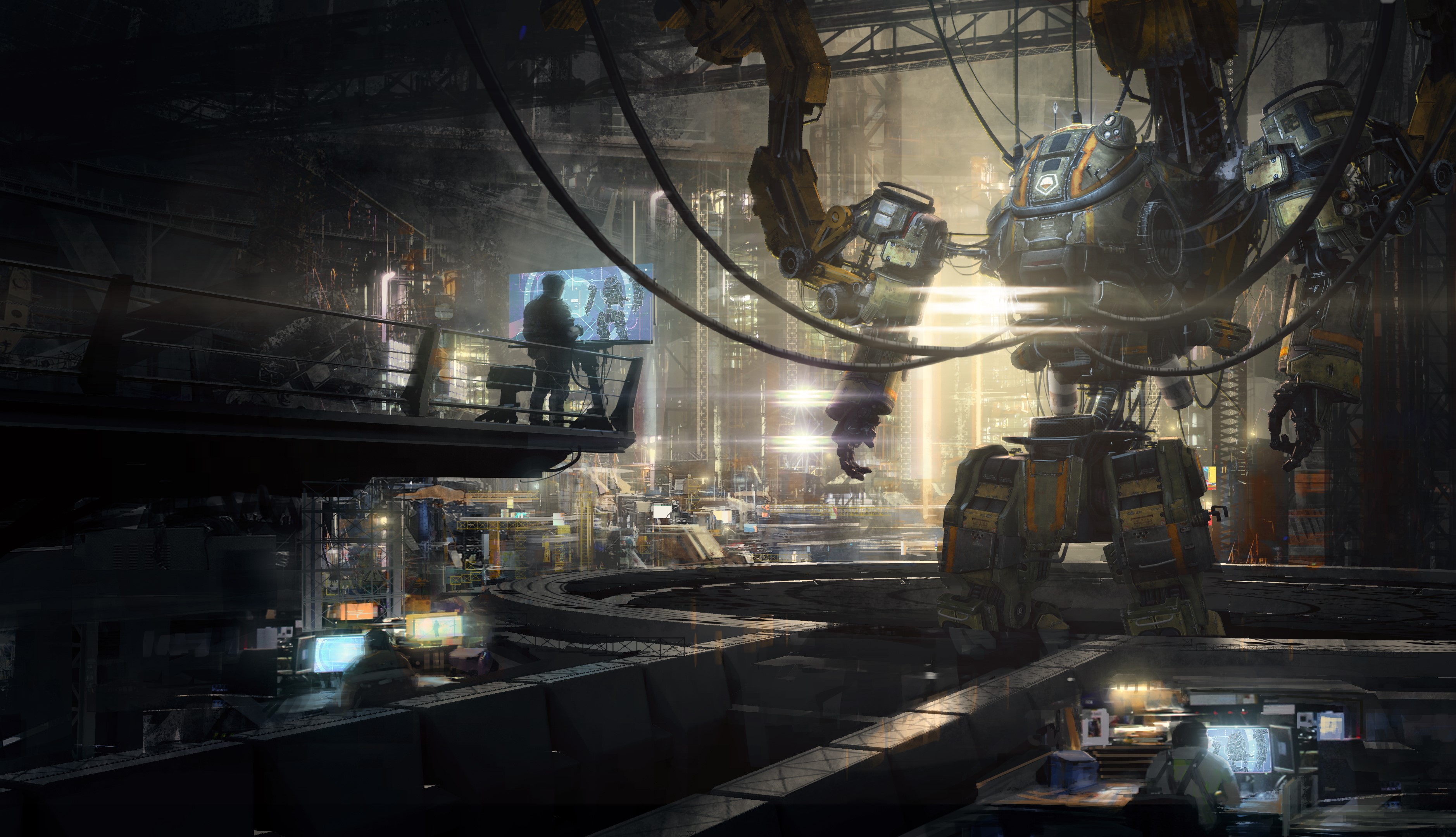 Giant robot in a futuristic workshop with technicians HD Wallpaper