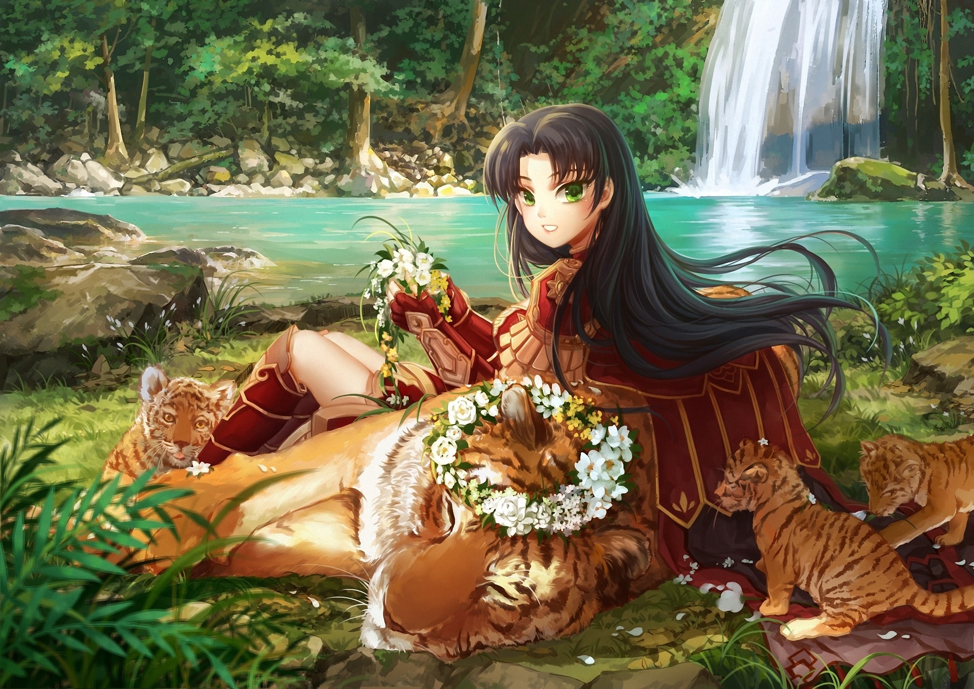 Brunette girl with tigers in a forest by a waterfall HD Wallpaper