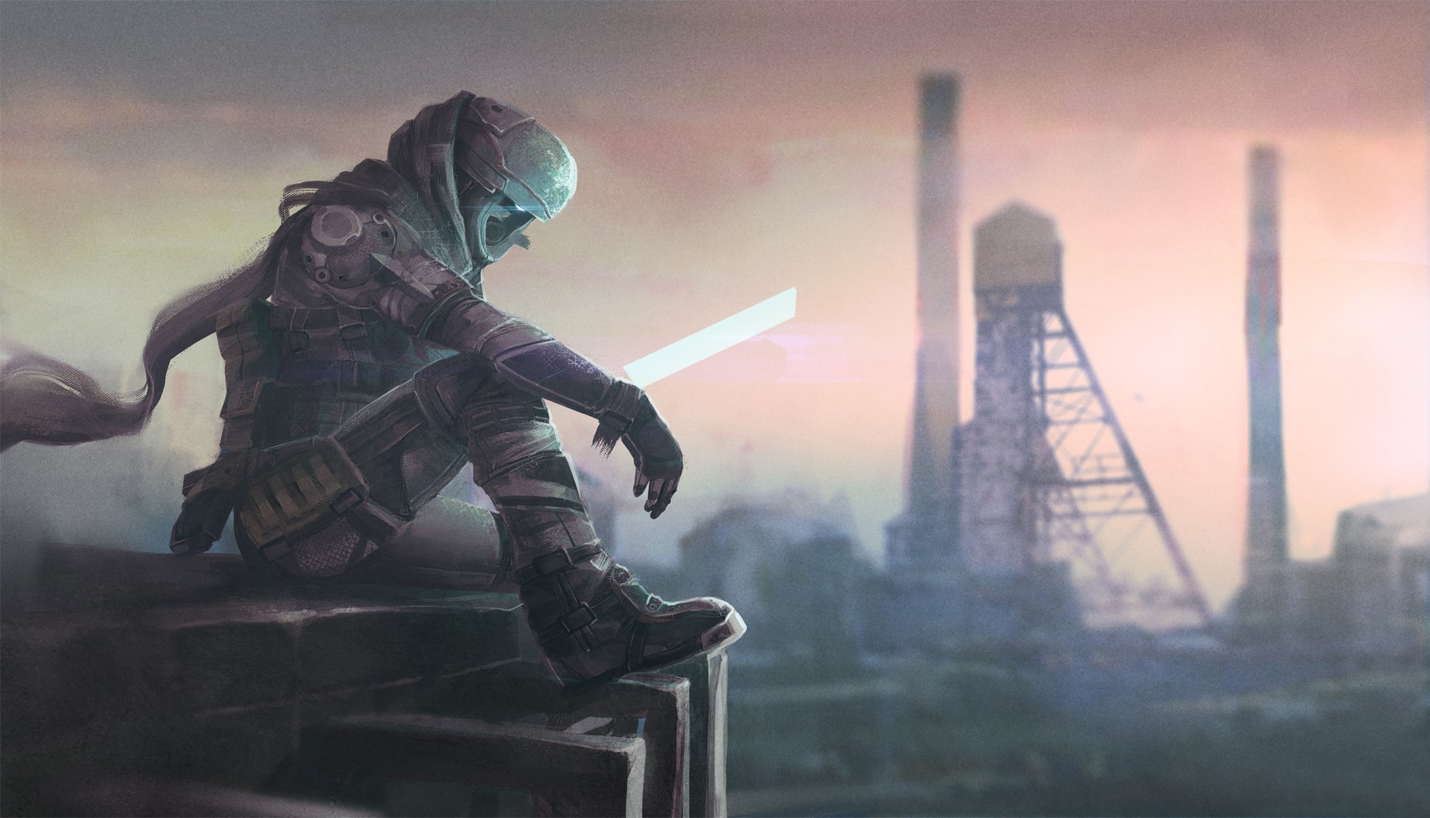 Robot sitting on a ledge overlooking industrial background HD Wallpaper