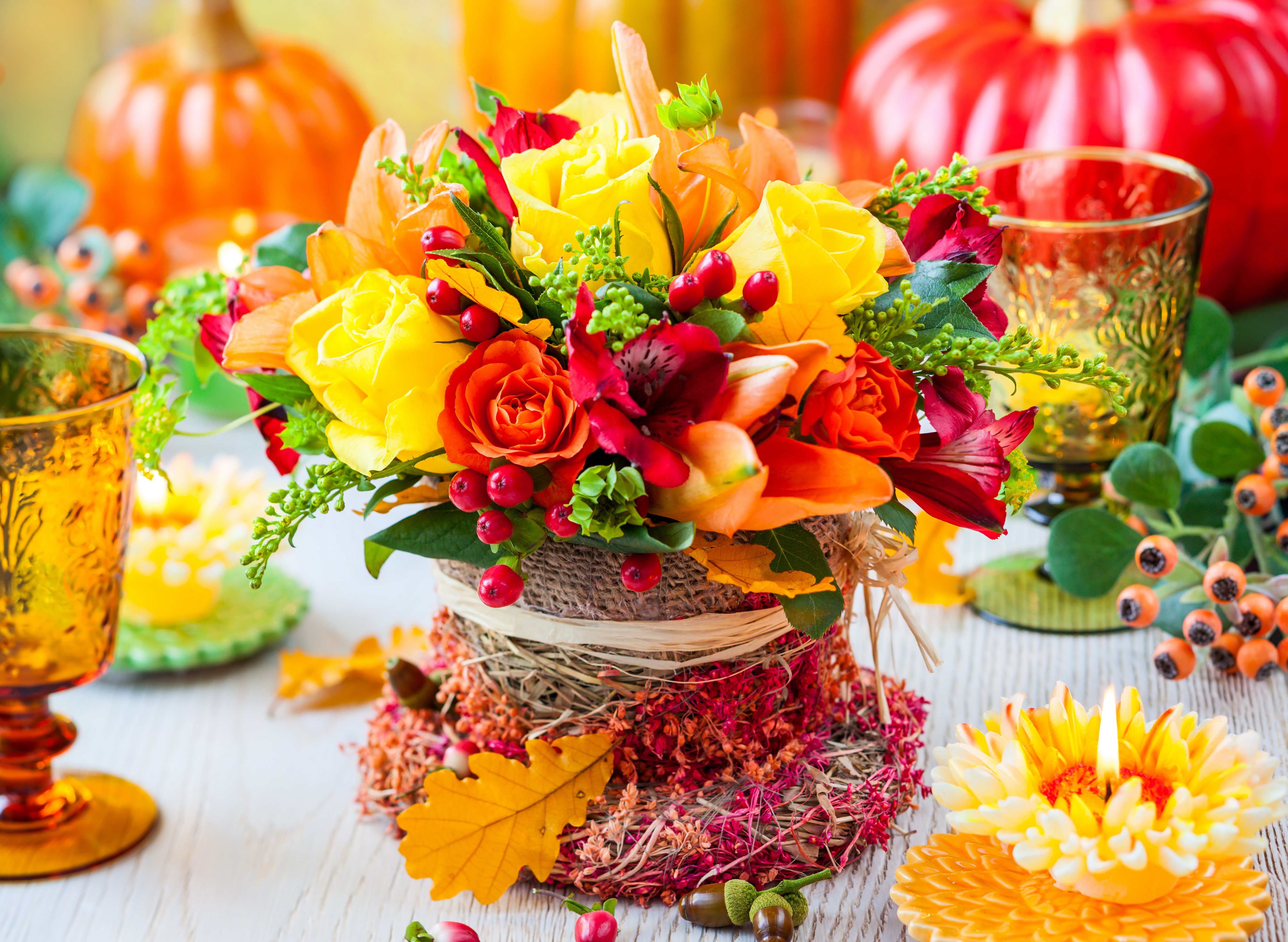 Autumn floral arrangement with pumpkins and candles HD Wallpaper