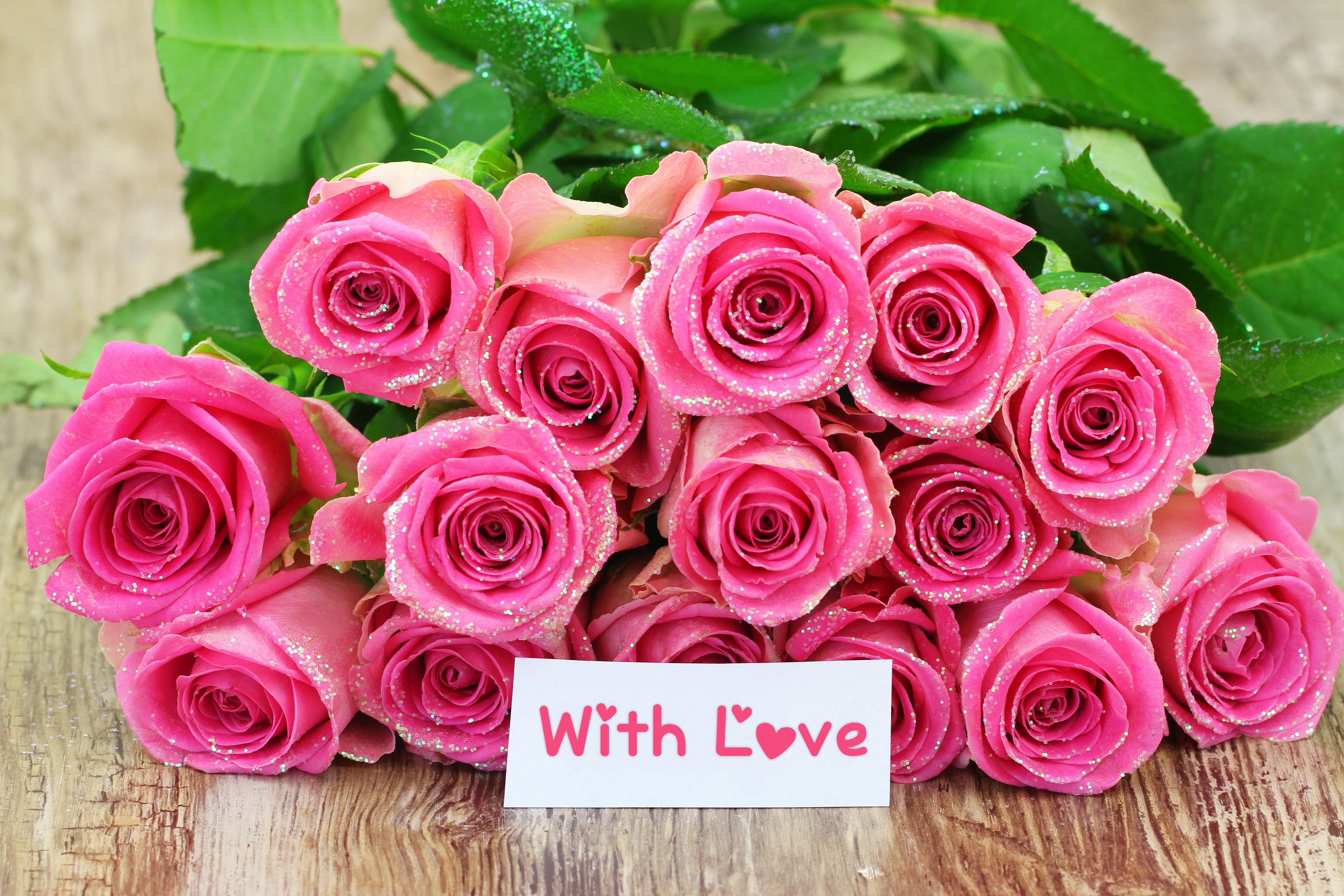 Bouquet of Pink Roses with "With Love" Card HD Wallpaper