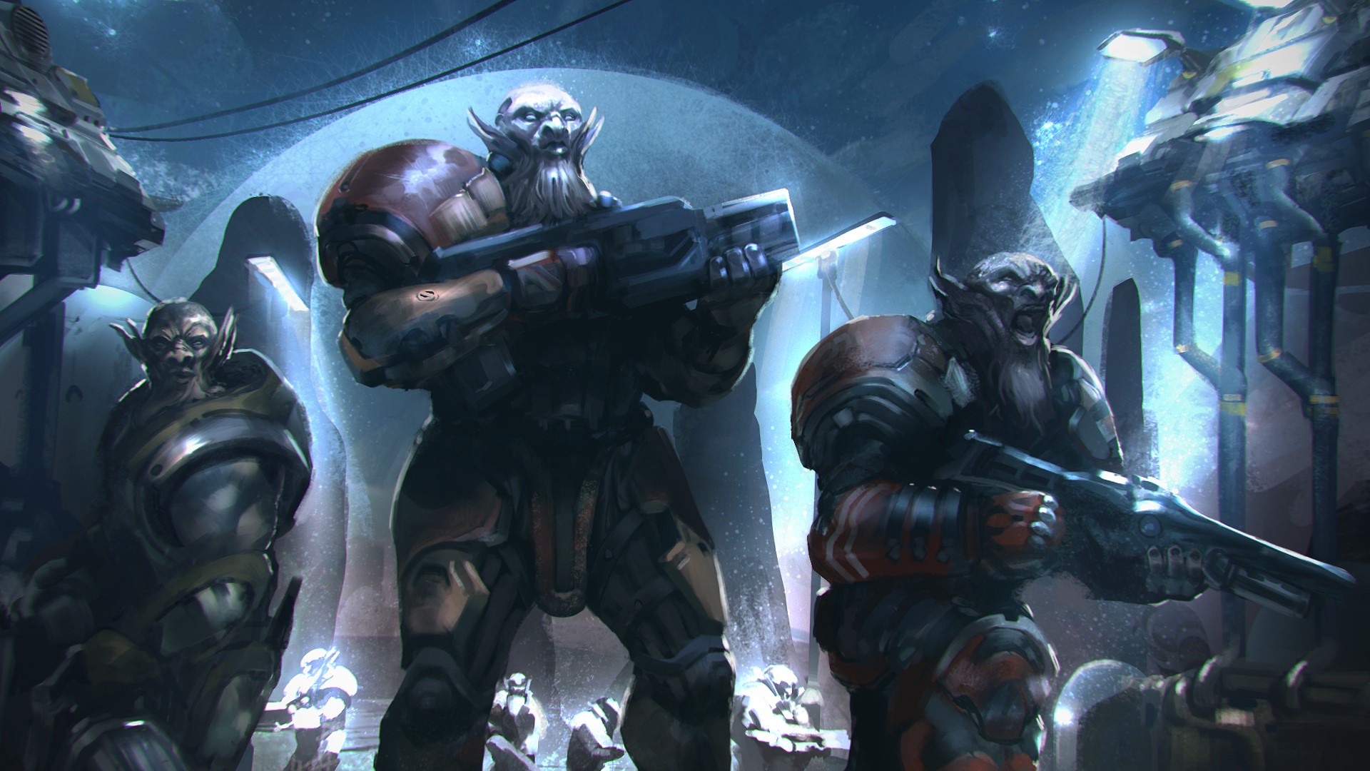 Alien warriors with assault rifles in futuristic armor HD Wallpaper
