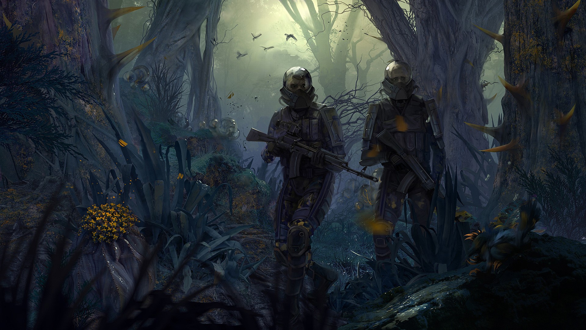 Warriors in alien forest with assault rifles HD Wallpaper