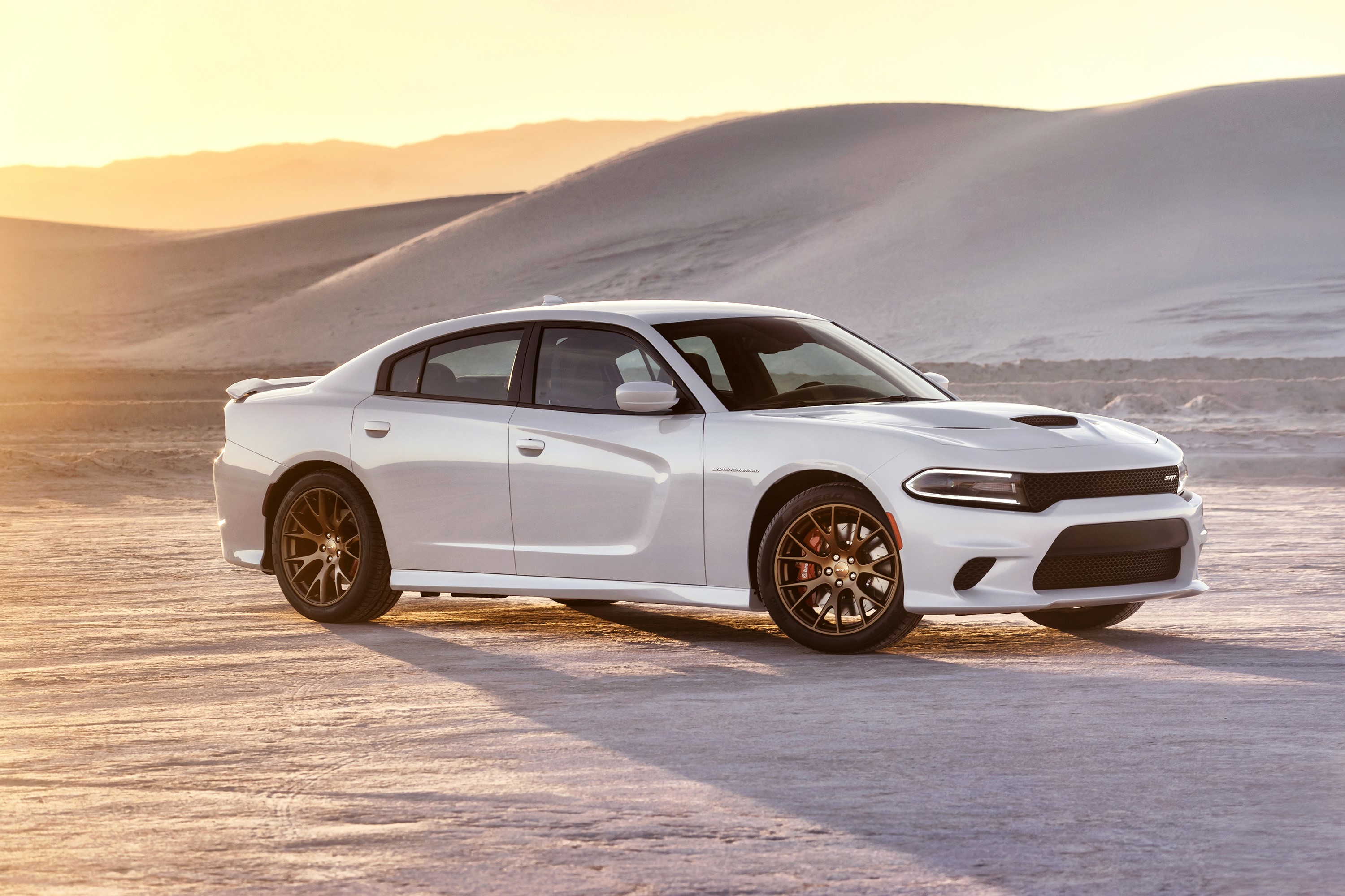 White Dodge Charger SRT Hellcat in desert landscape HD Wallpaper