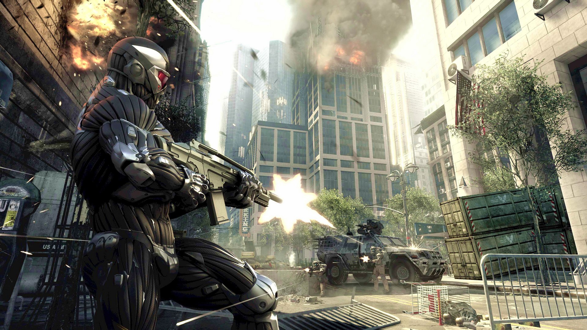 Soldier in Nanosuit firing assault rifle in Crysis 2 HD Wallpaper
