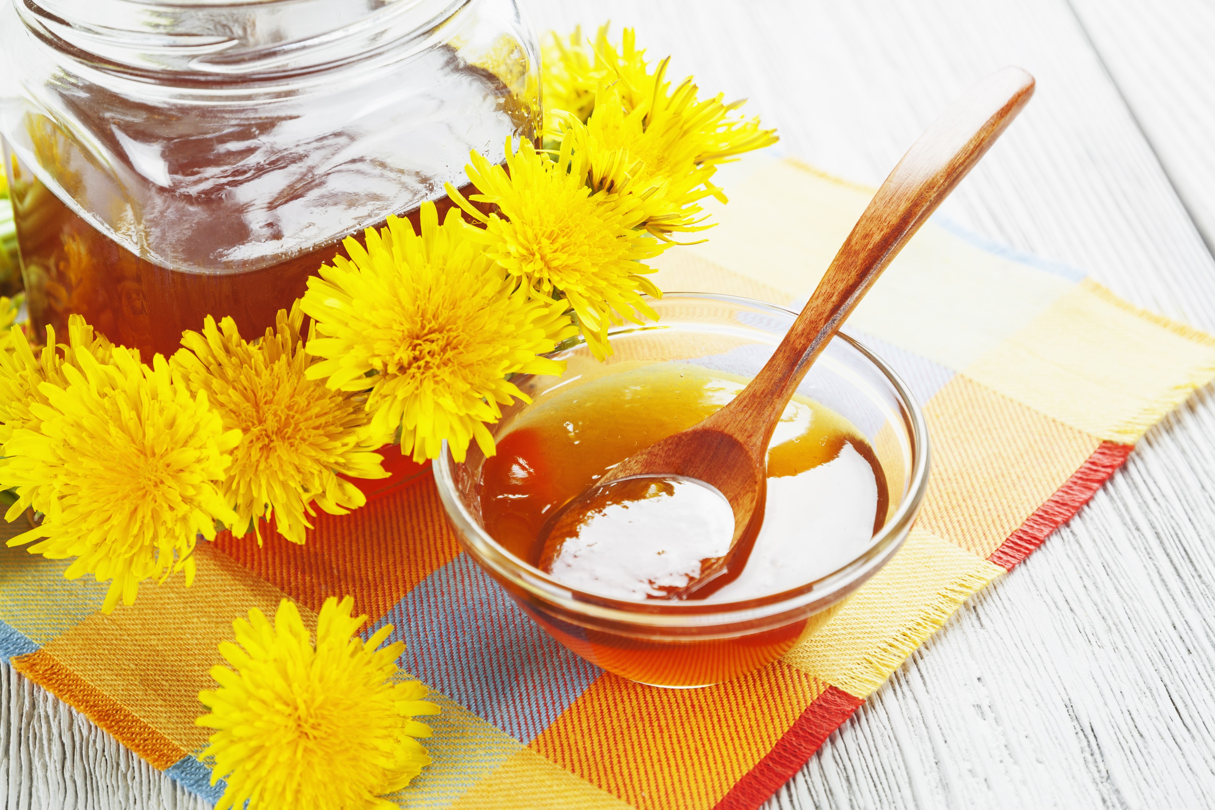 Dandelion honey in a jar with a spoon HD Wallpaper