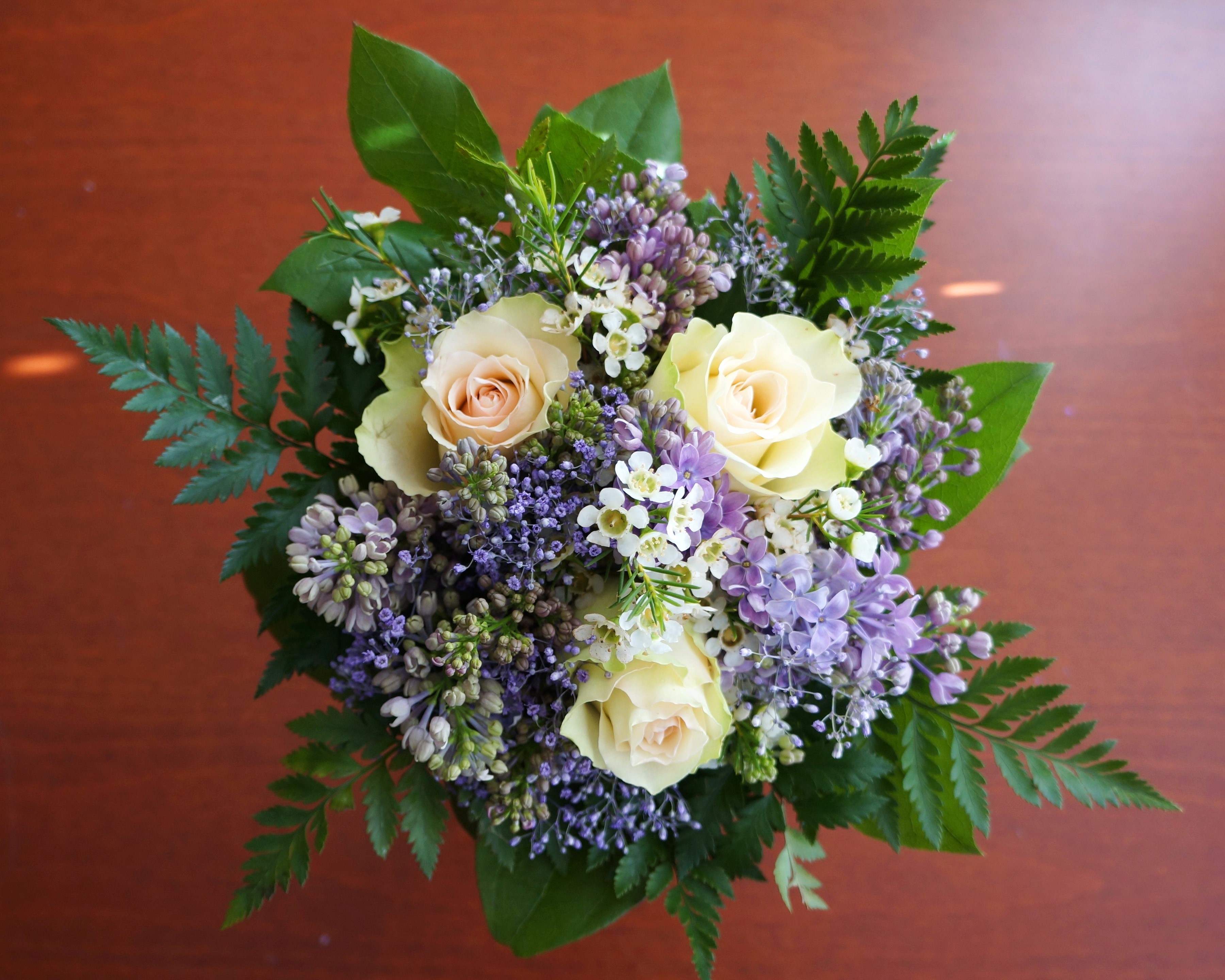 Bouquet of Roses and Lilac with Ferns HD Wallpaper