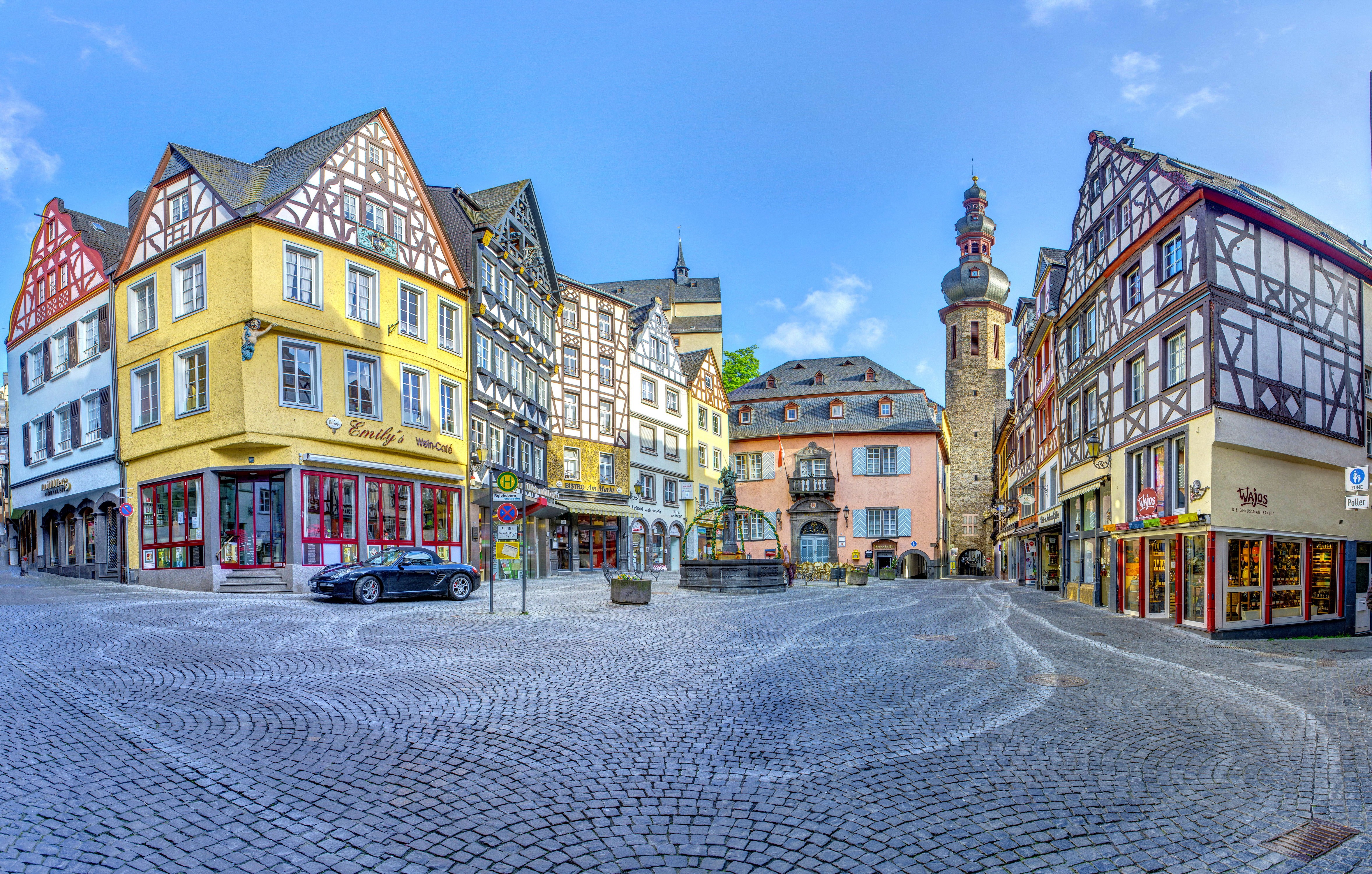 Cochem, Germany Town Square with Half-Timbered Houses HD Wallpaper