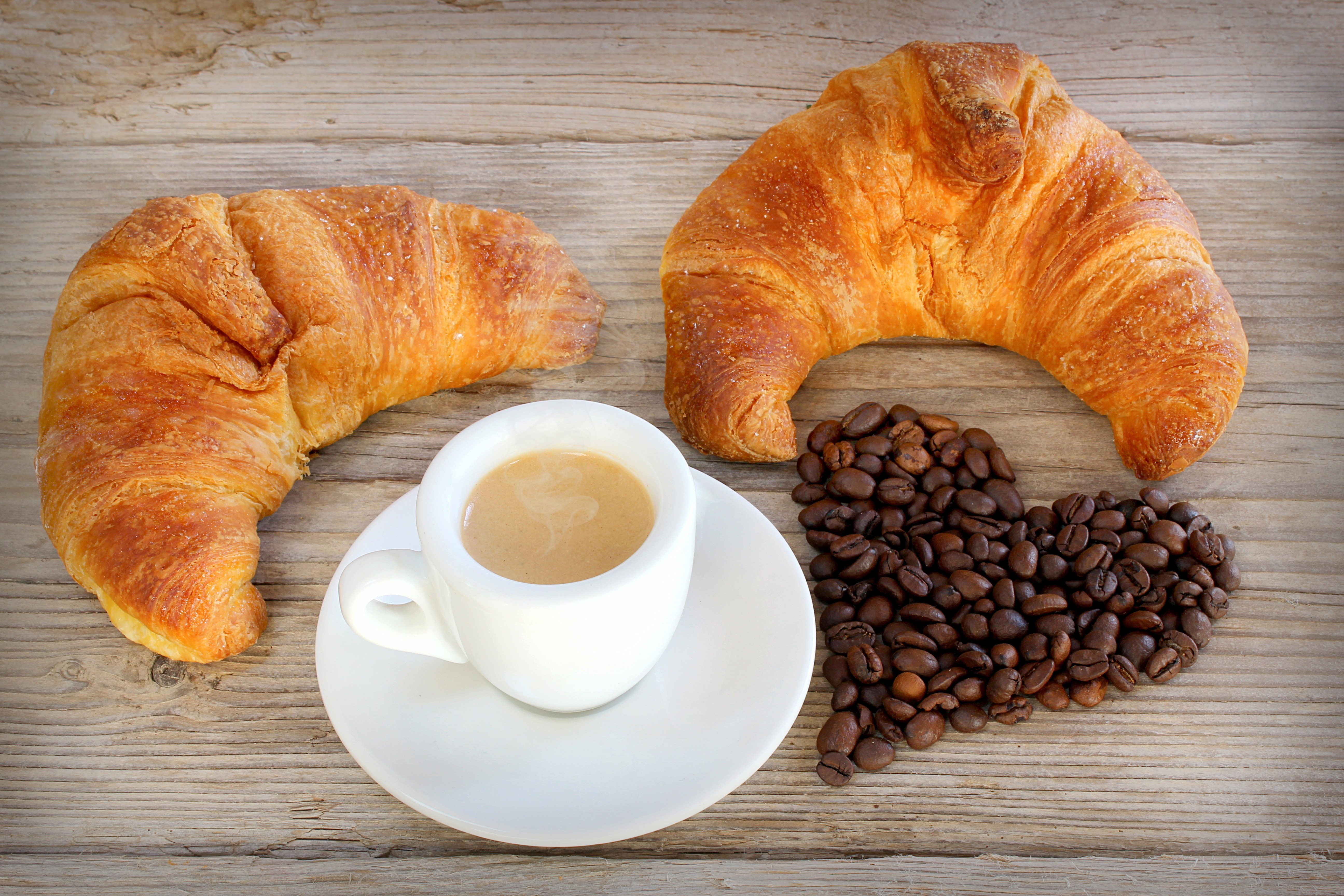 Croissants and Coffee with Heart-Shaped Coffee Beans HD Wallpaper