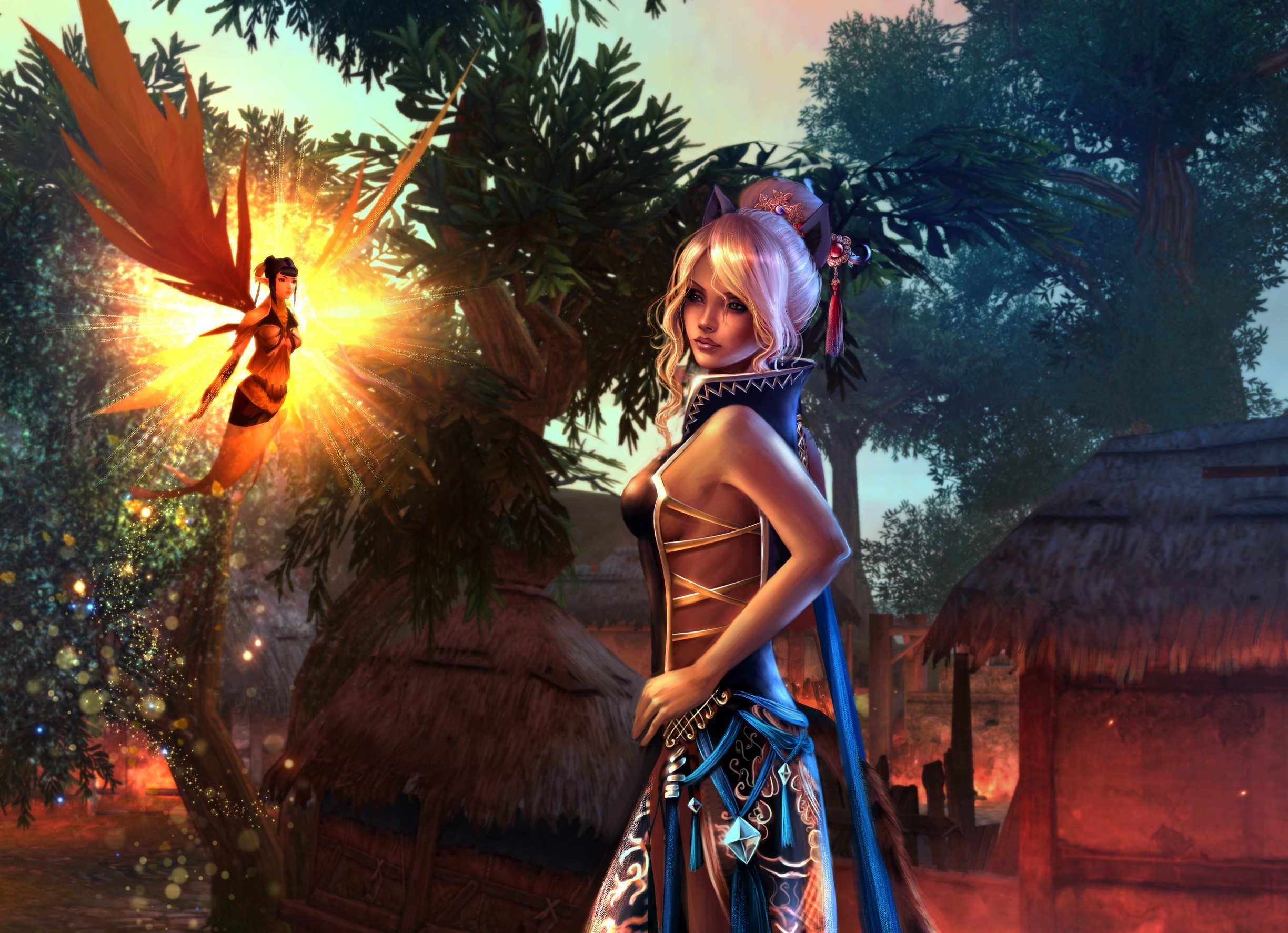 Blonde woman and fairy in a village HD Wallpaper