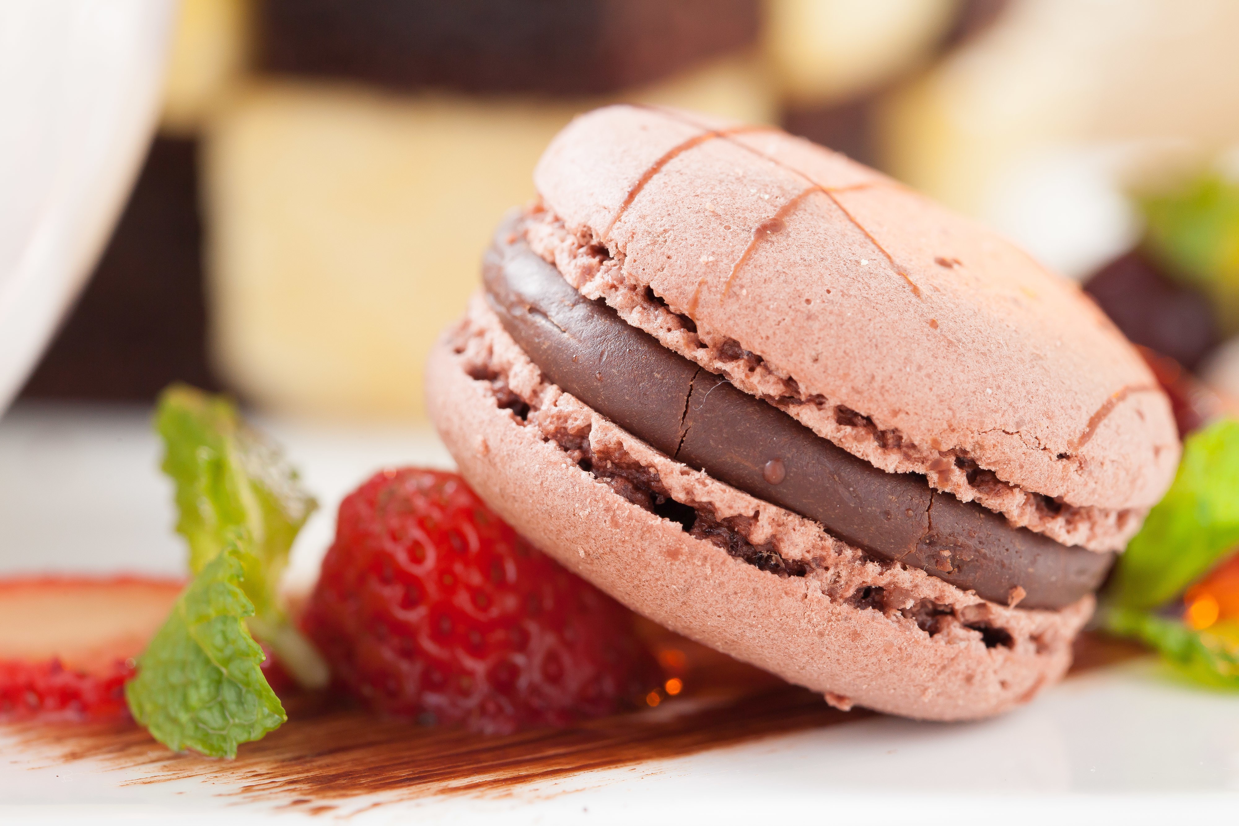 Chocolate Macaron with Strawberries and Mint HD Wallpaper