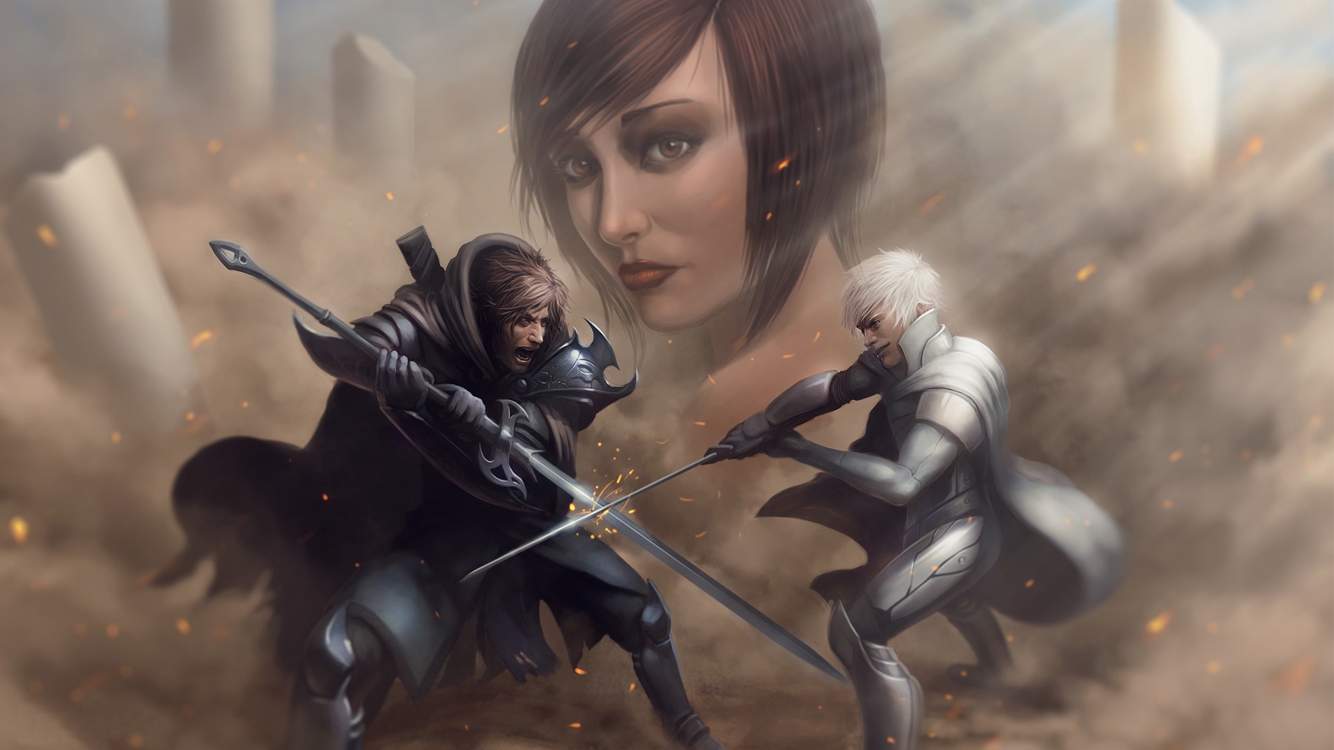 Two warriors in armor fighting with swords, giant woman's face in background HD Wallpaper