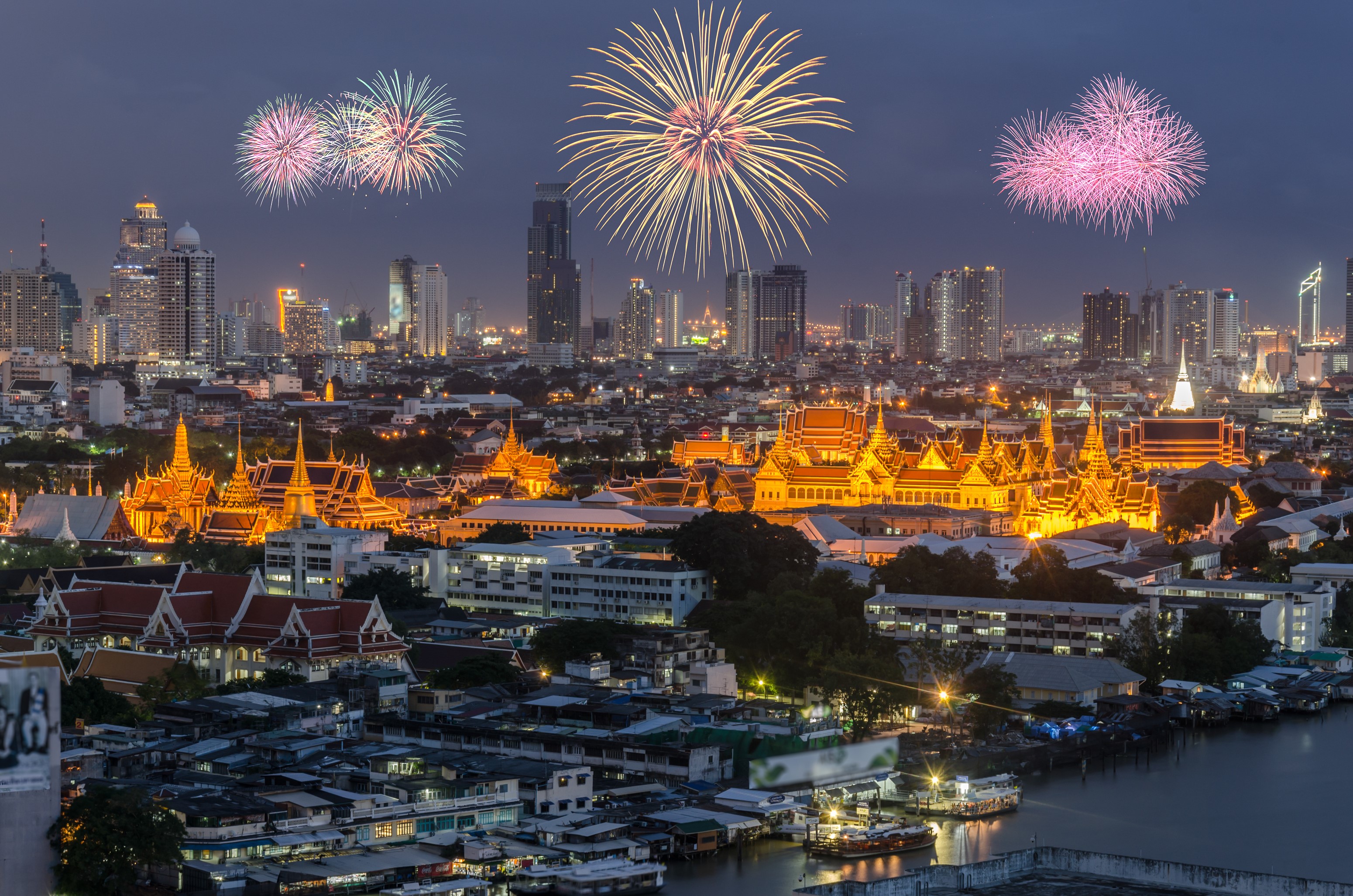 Bangkok skyline with fireworks over Grand Palace HD Wallpaper