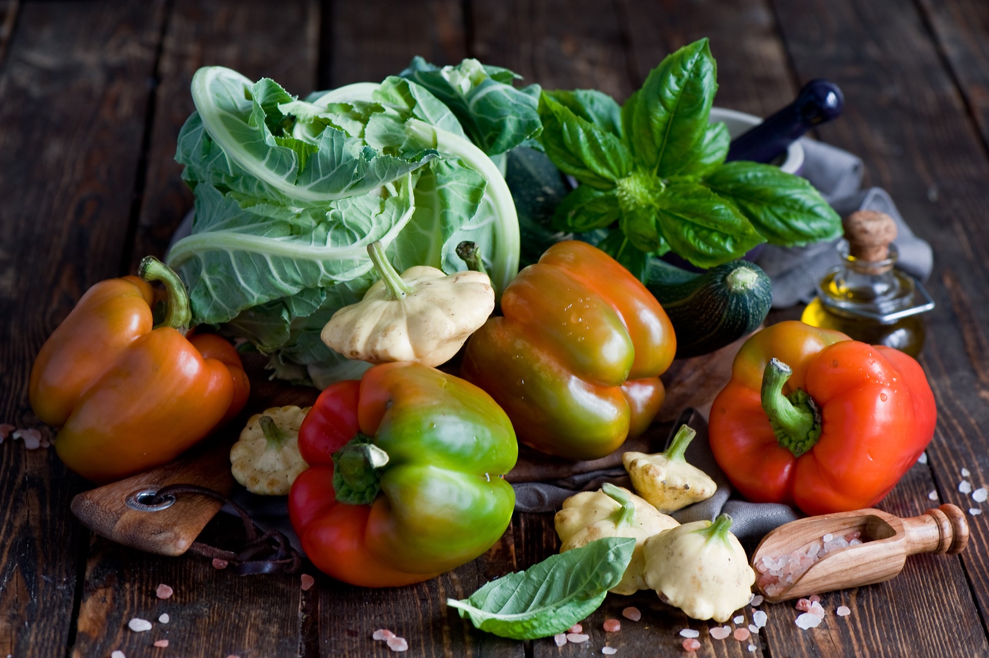 Assortment of fresh vegetables including bell peppers, cabbage, and squash HD Wallpaper