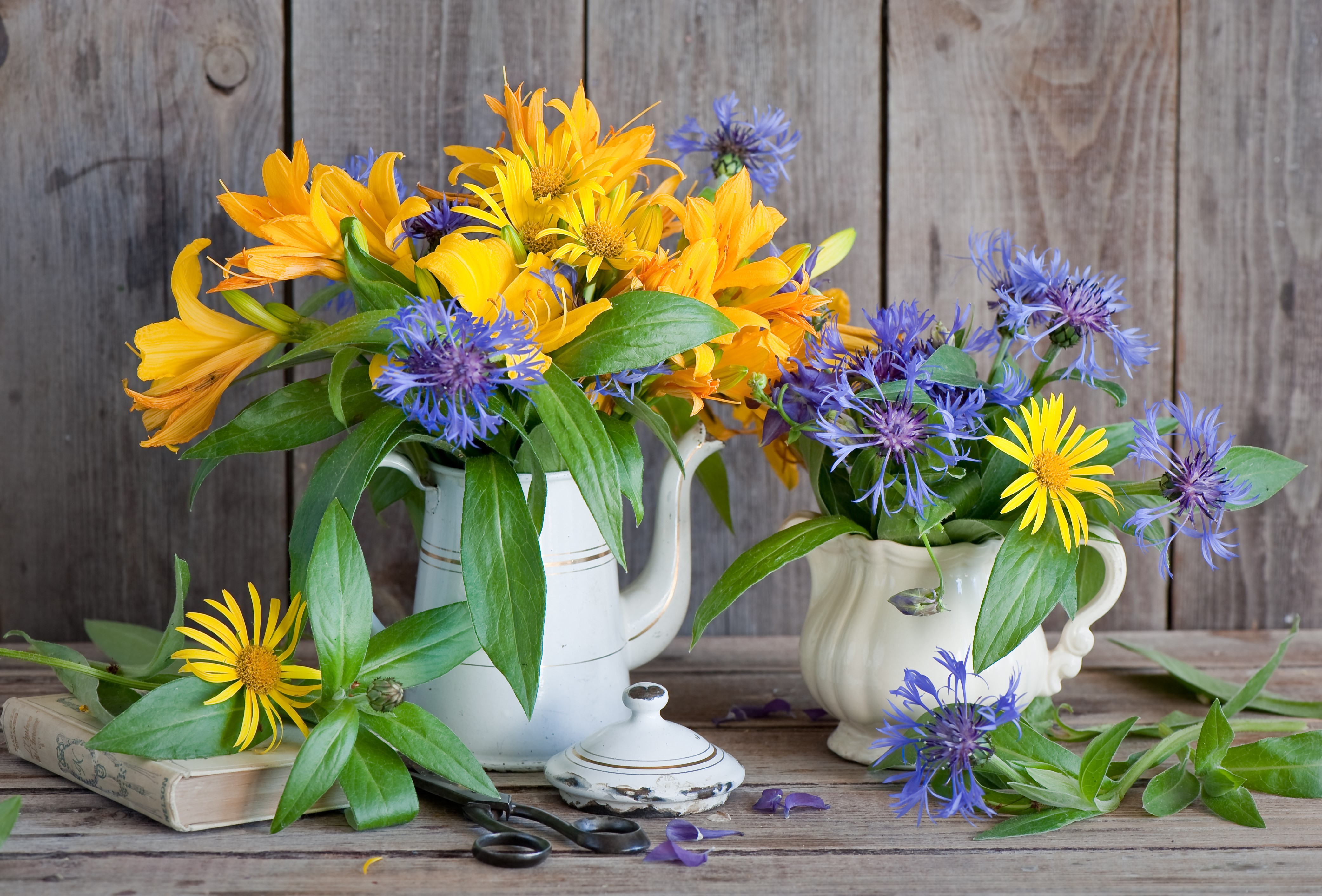 Bouquet of Lilies and Cornflowers in Vases HD Wallpaper