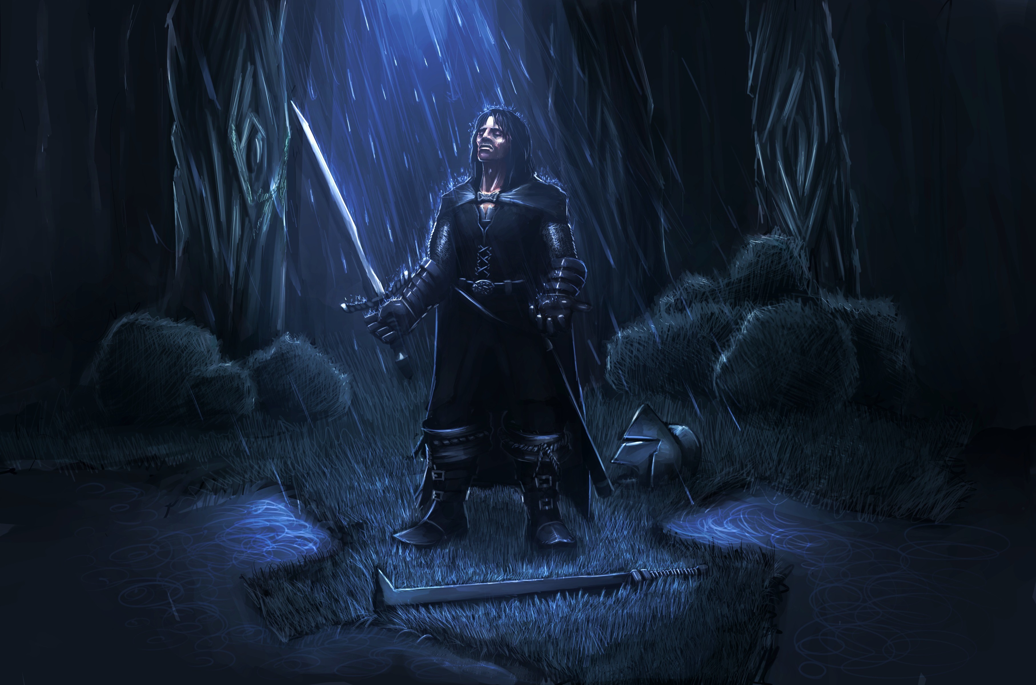 Warrior in the rain with swords HD Wallpaper