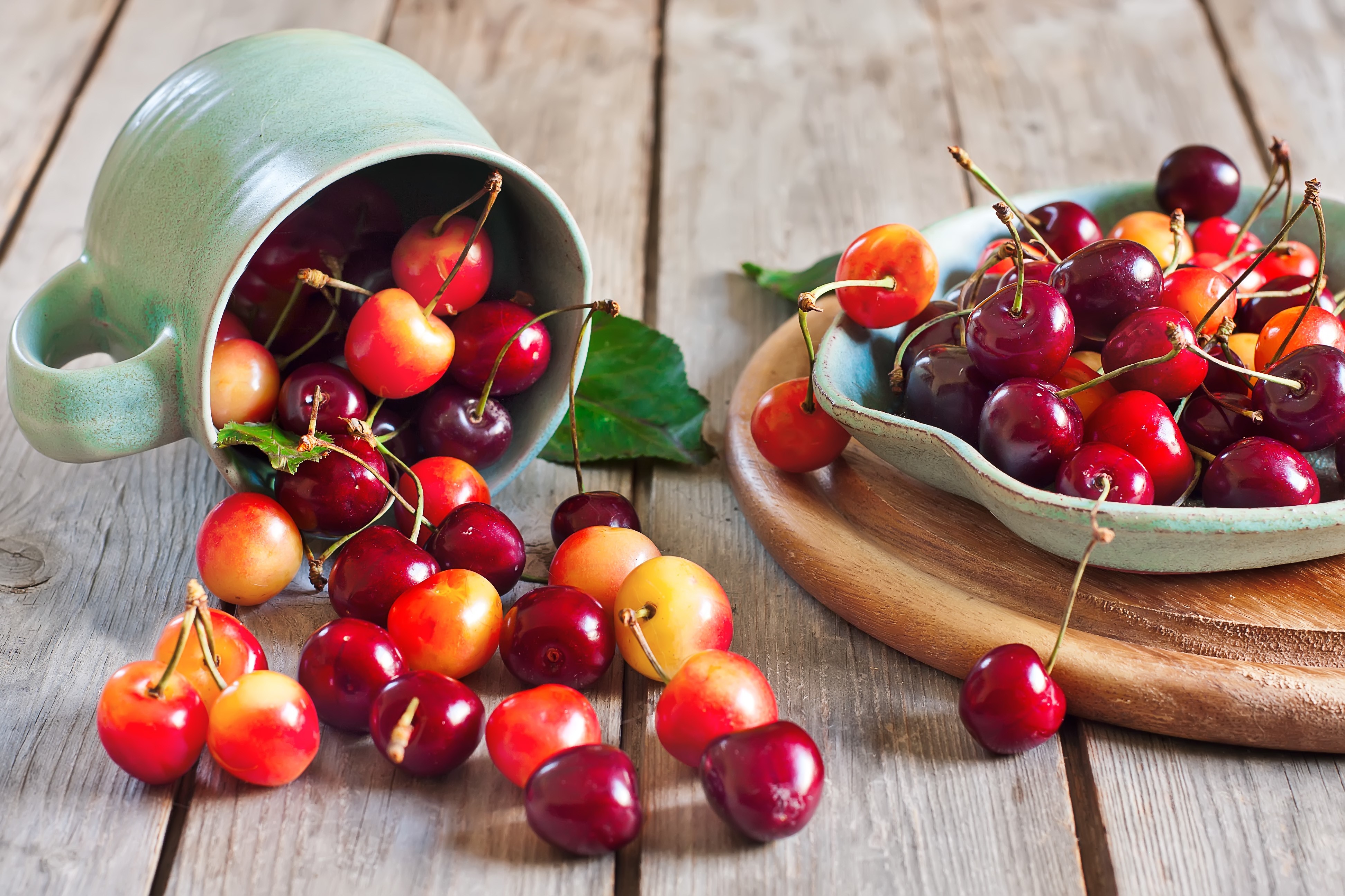 4K Cherries in a Cup and Bowl HD Wallpaper