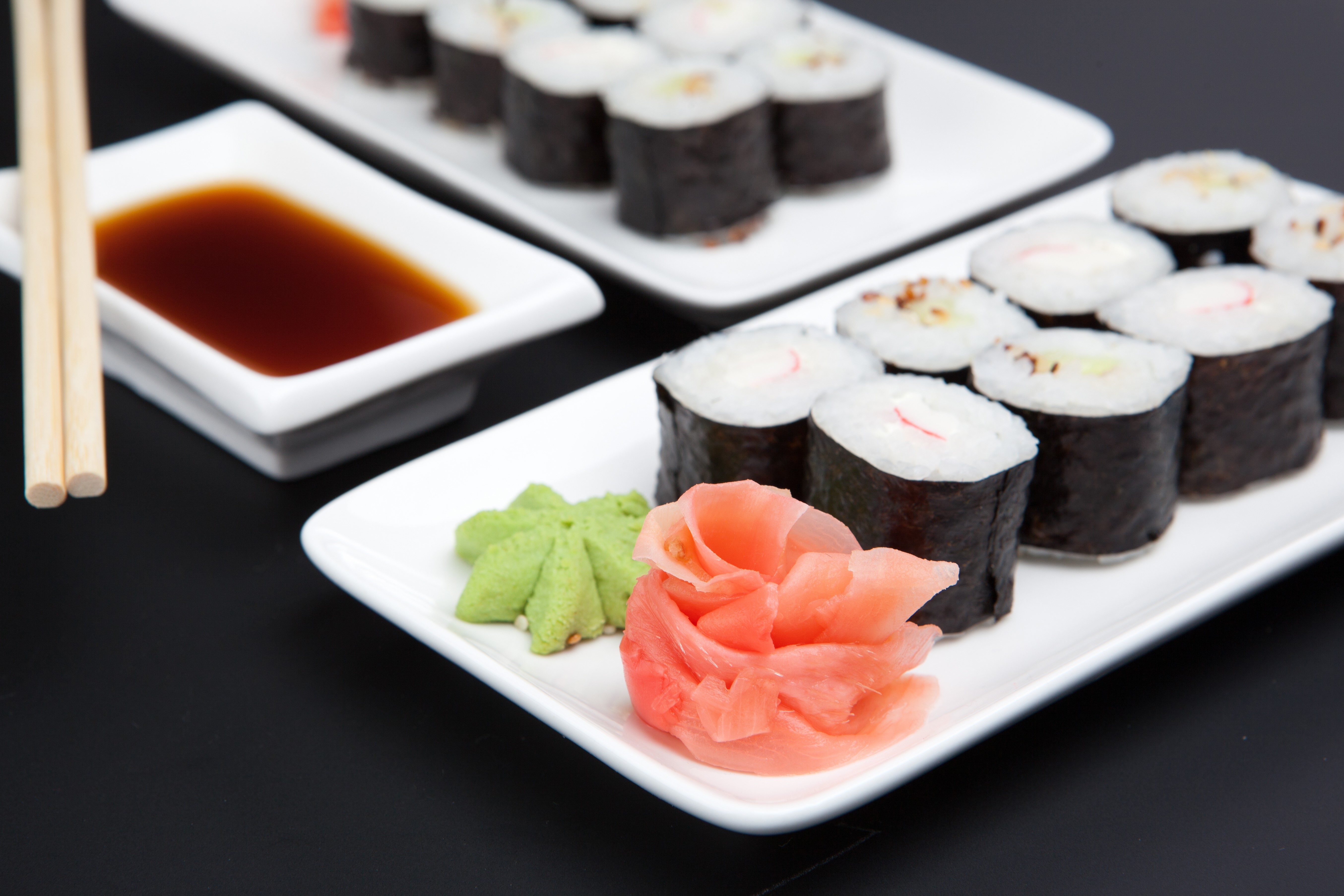 Sushi rolls with soy sauce and chopsticks HD Wallpaper