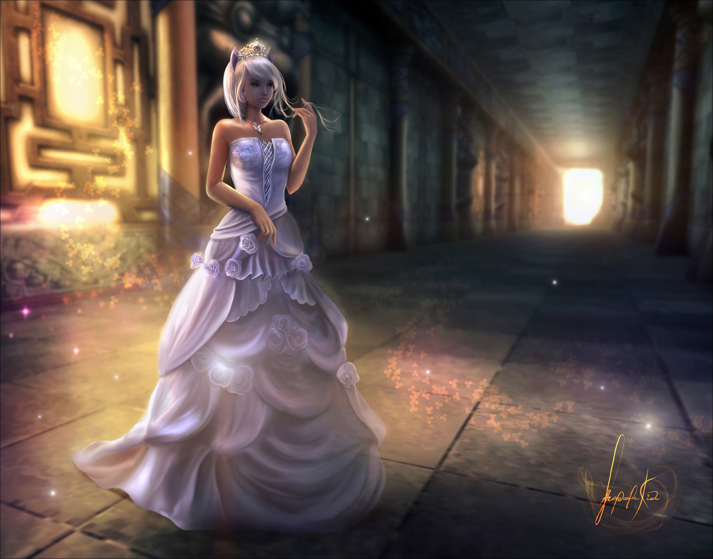 Blonde girl in a white dress in a hallway HD Wallpaper