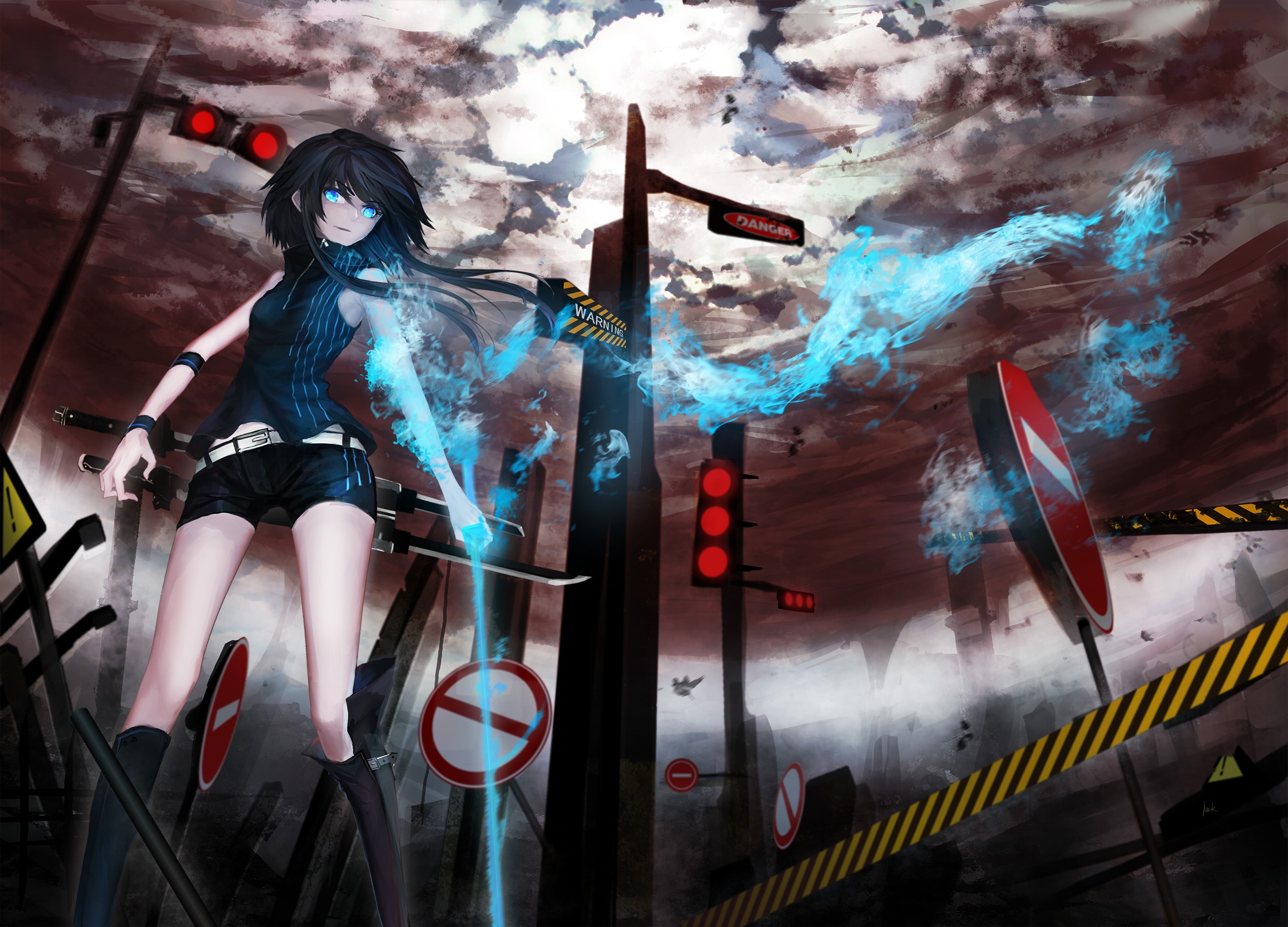 Girl with blue energy and swords in a city HD Wallpaper