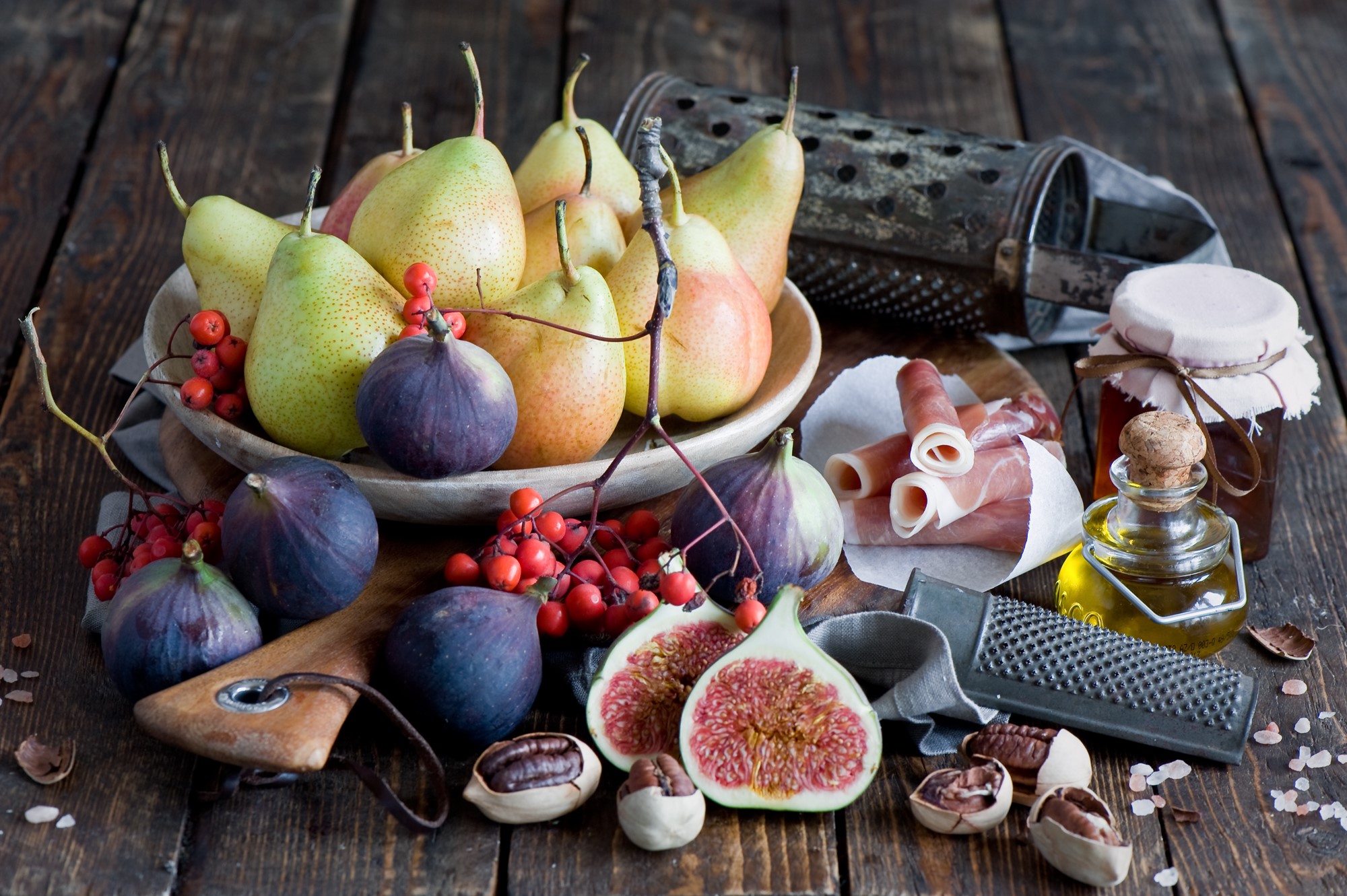 Still-life of pears, figs, ham, and jam HD Wallpaper