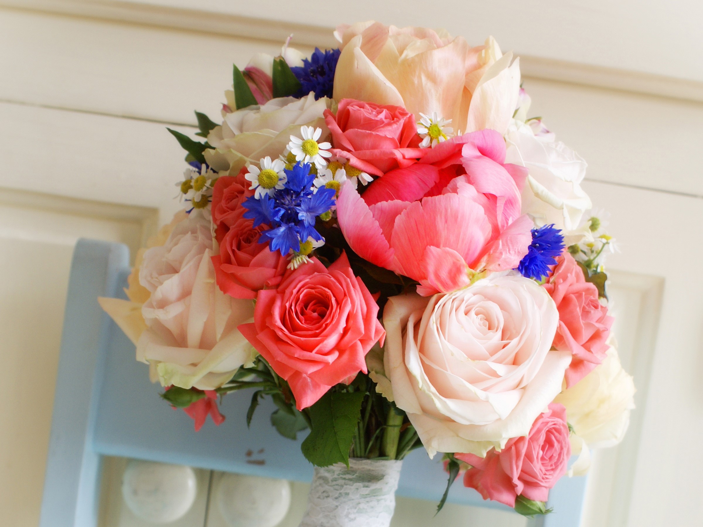 Bouquet of Roses, Peonies, and Cornflowers HD Wallpaper