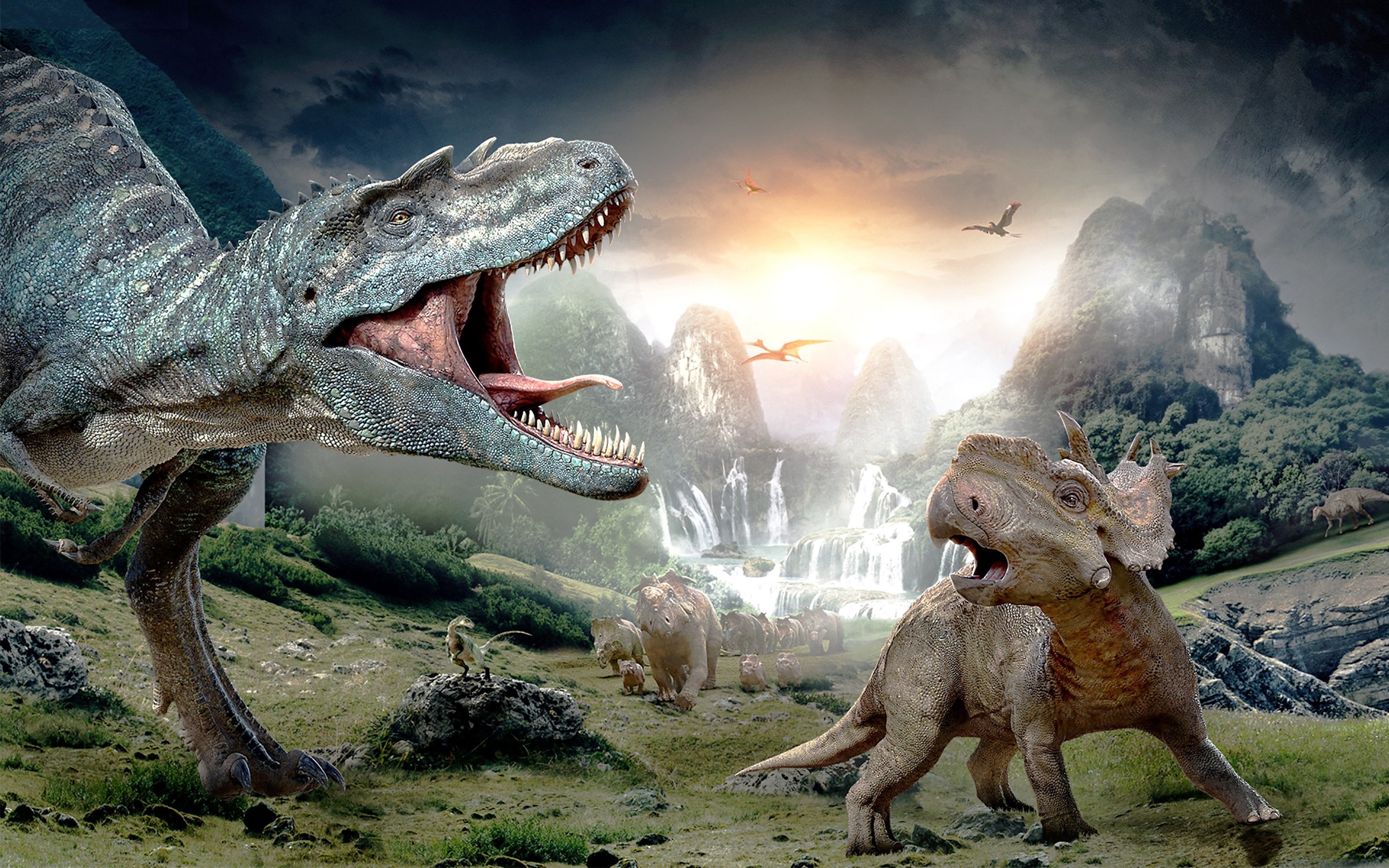 Dinosaurs in a prehistoric landscape with waterfalls HD Wallpaper