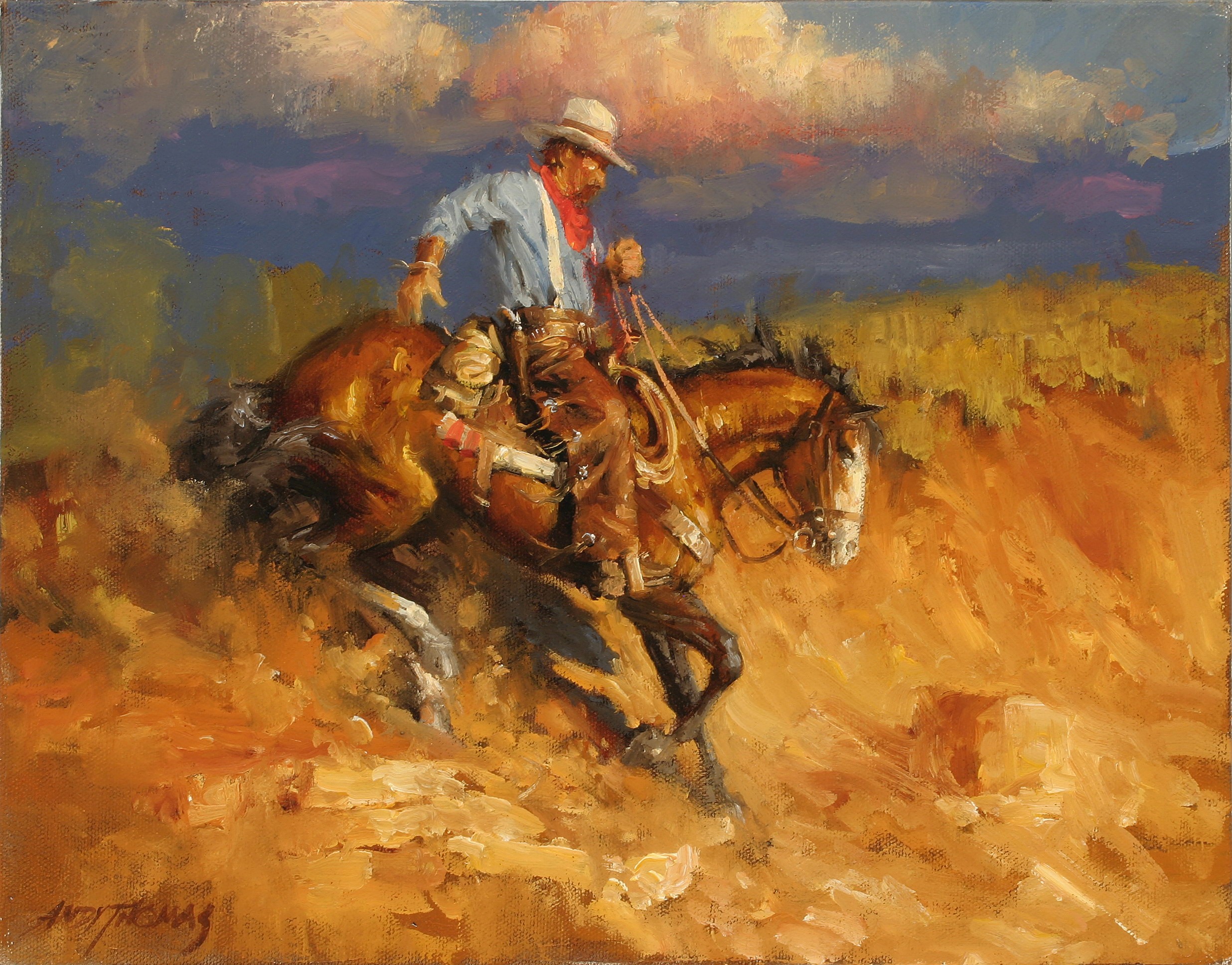 Cowboy on a horse chasing a stray HD Wallpaper